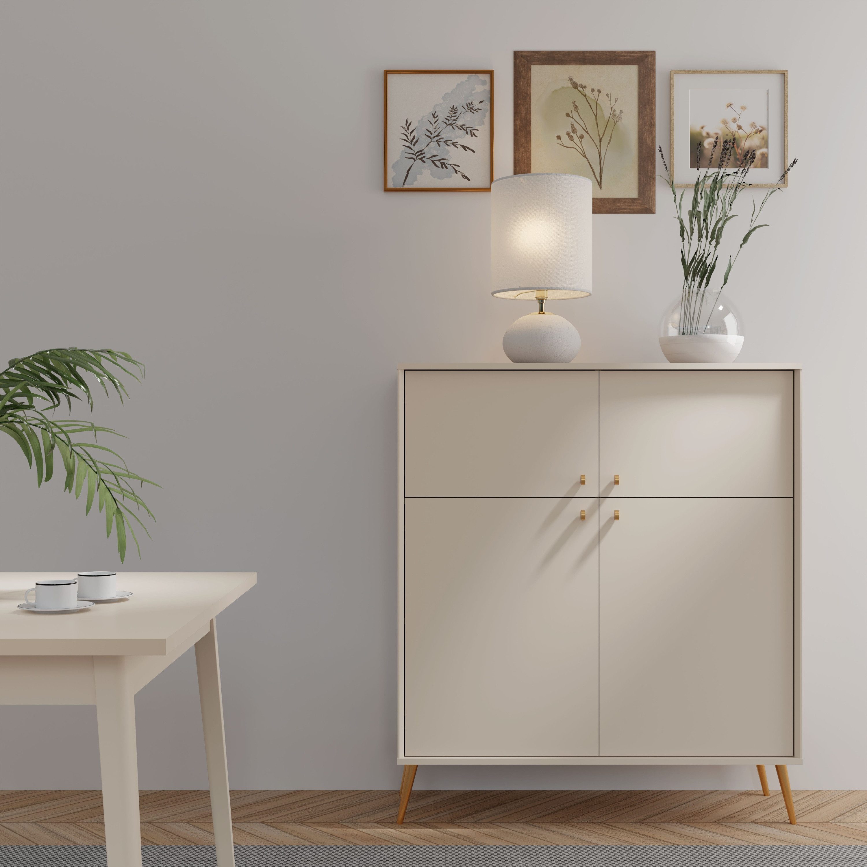 Raumhirsch Furniture Kommode Küchenbuffet, Kommode, Küchenschrank, Aufbewahrungsschrank (Maße: 105,4 x 122,4 x 40,5 cm (4 Türen, Goldene Füße und Griffe), inkl. Einlegeböden, Zeitlose Optik, Einfache Montage