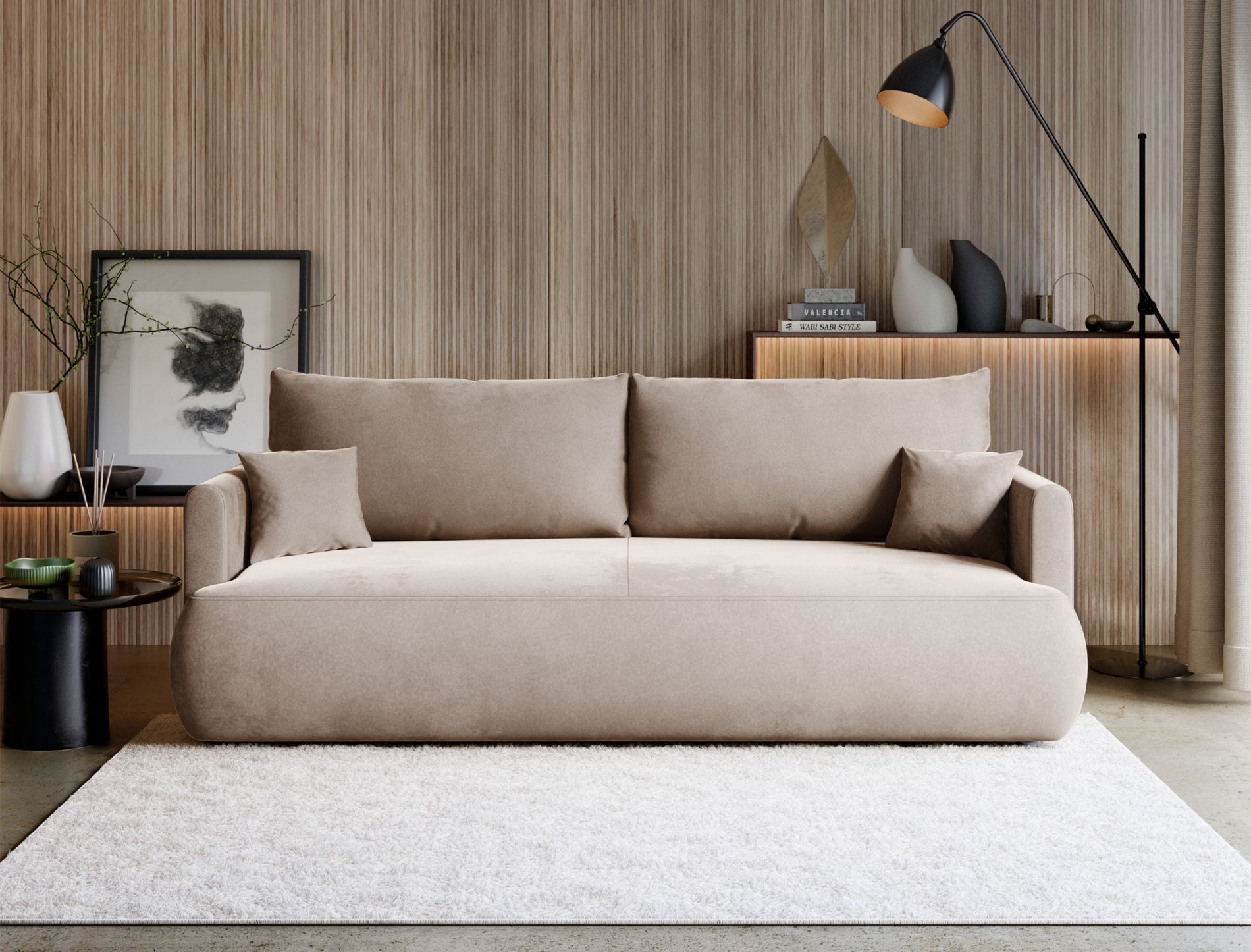 Selsey Schlafsofa OVO MINI, mit Bettkasten und Schlaffunktion, wahlweise Chenille- oder Samtbezug