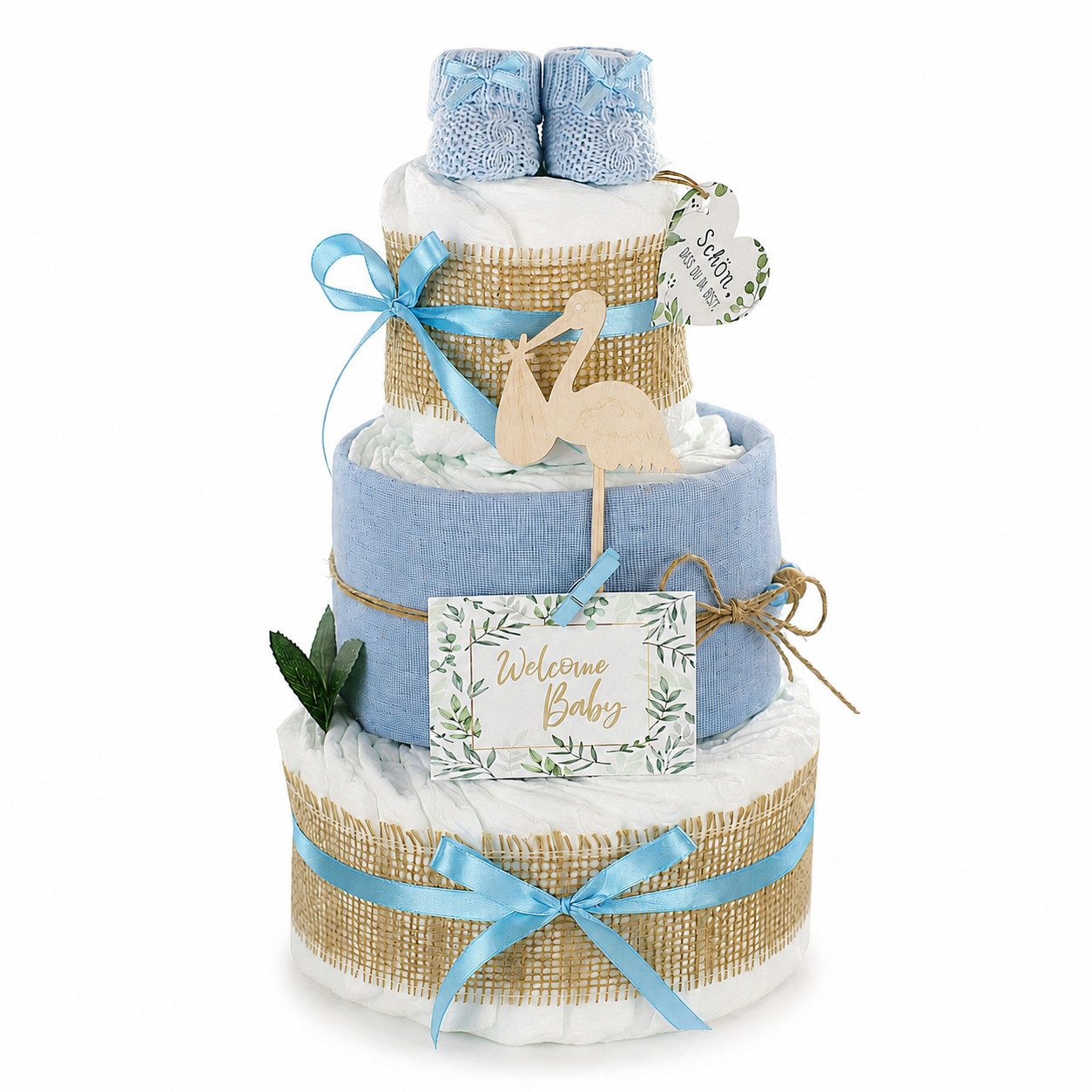 dubistda-WINDELTORTEN- Neugeborenen-Geschenkset Windeltorte Storch, zur Geburt – Bild 2 von 3