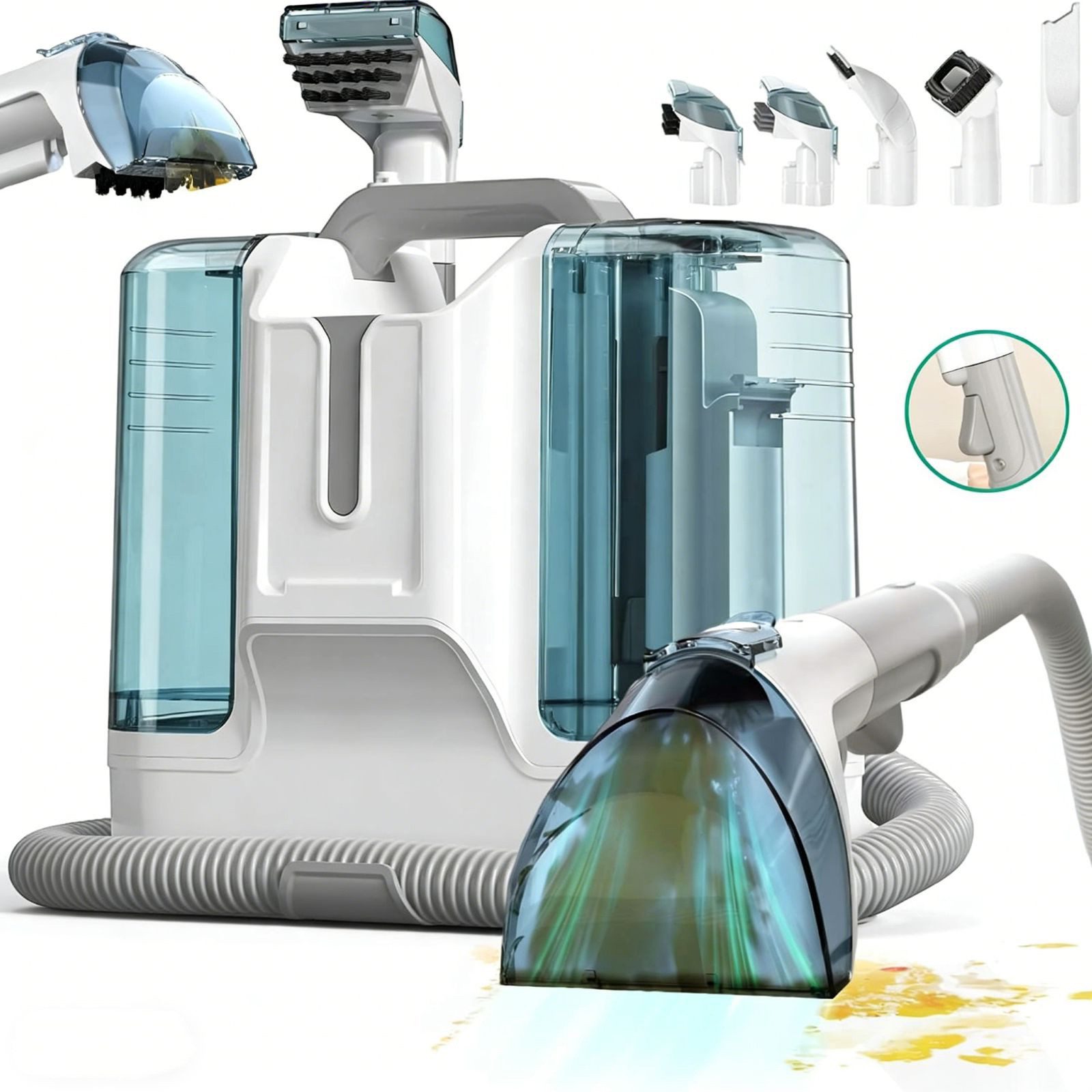 AKKEE Wasch-Sauger Waschsauger Teppichreiniger Polsterreiniger Gerät, 11kPa, 1.8L, 450 W, beutellos, Doppelwassertank und flexibel einsetzbaren Bürstenköpfen