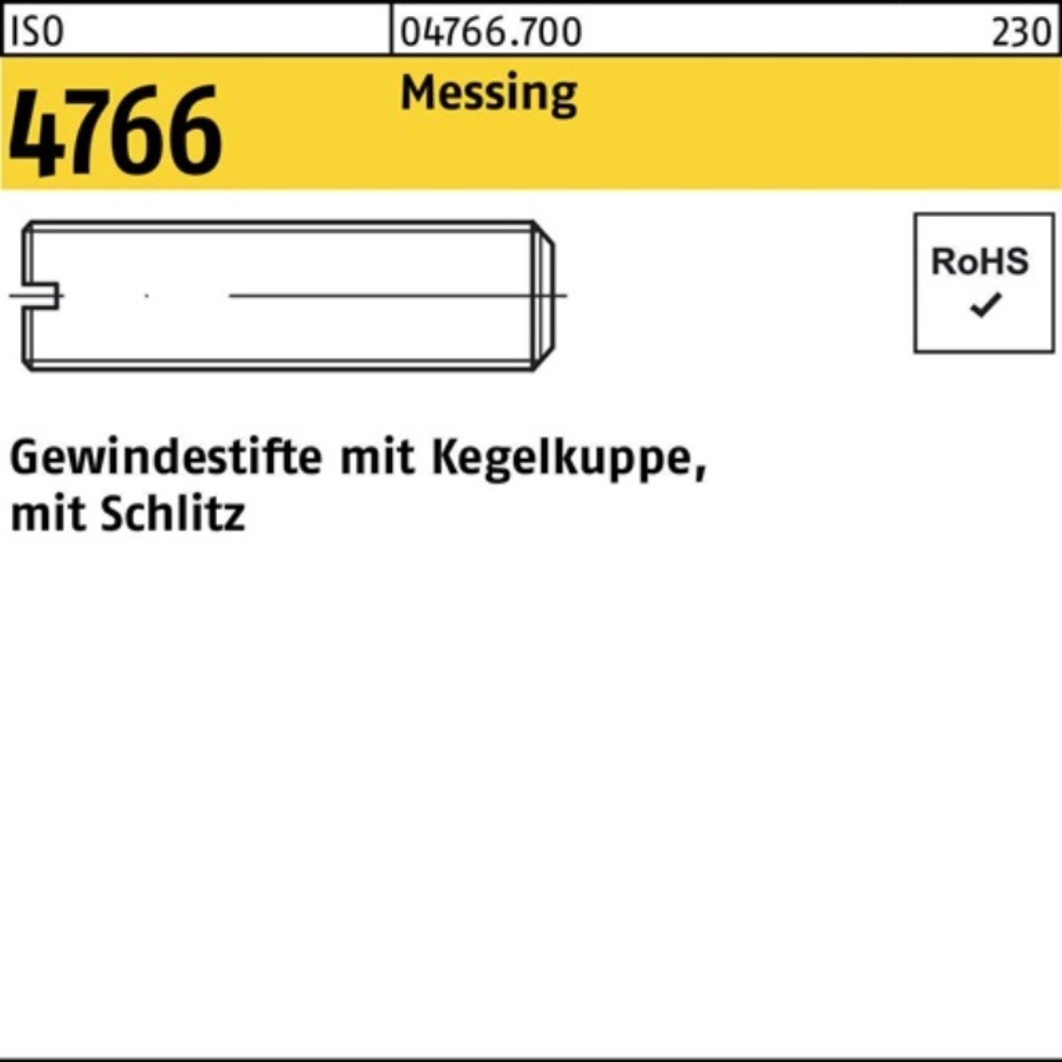 6 Gewindebolzen 4766 ISO Kegelkuppe/Schlitz Reyher 100er Gewindestift Pack Messing M4x 100
