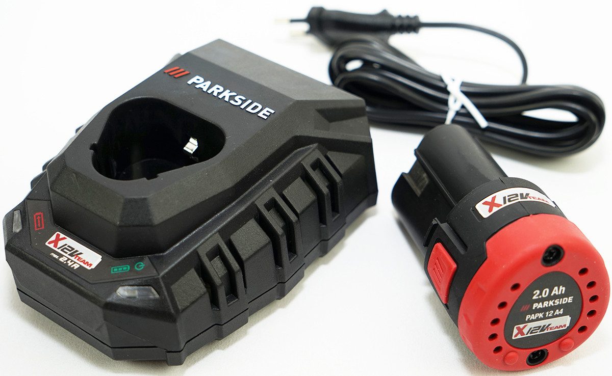 Parkside 12V Akku PAPK 12 A4, 2Ah und Ladegerät PLGK 12 A3, 2,4A, X12 Serie Akku-Set PAPK 12 A4 / PLGK 12 A3 (12 V), Cell Balancing – längere Akku-Laufzeit, erhöhte Akku-Lebensdauer
