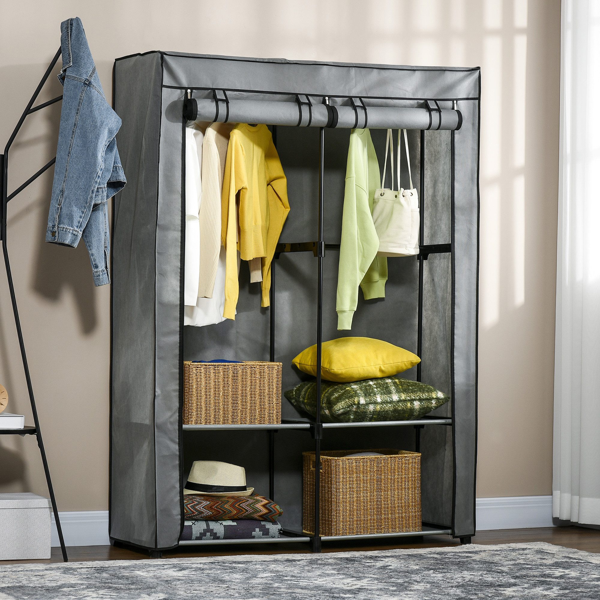 HOMCOM Stoffschrank Faltschrank Stoffkleiderschrank für Schlafzimmer, Ankleidezimmer (Faltbare Garderobe, 1-St., Kleiderschrank) Hellgrau, 118 x 49 x 170 cm