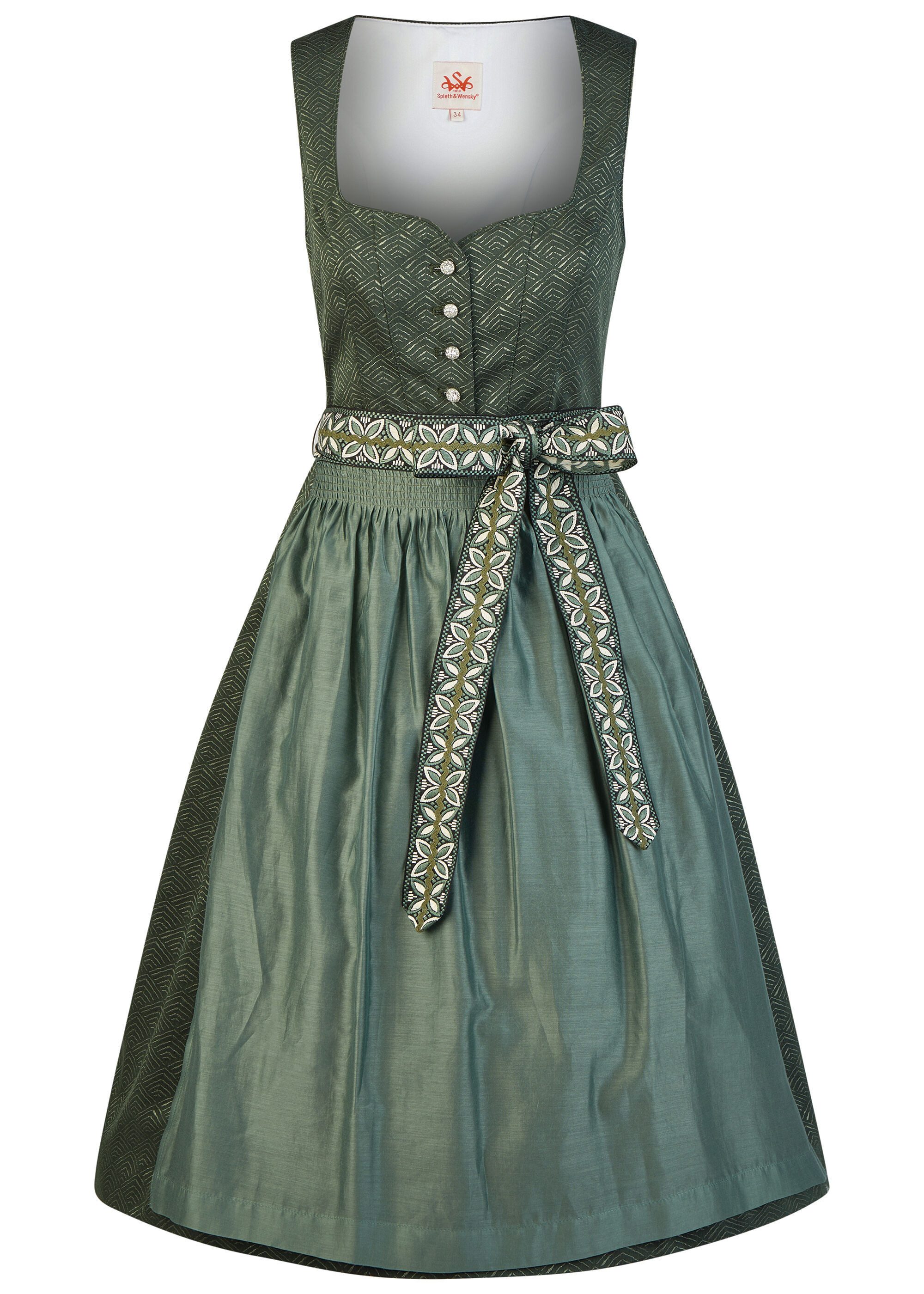 Spieth & Wensky Dirndl Heidi in Midi-Länge, extravagantes Schürzenband, Glitzerknöpfe