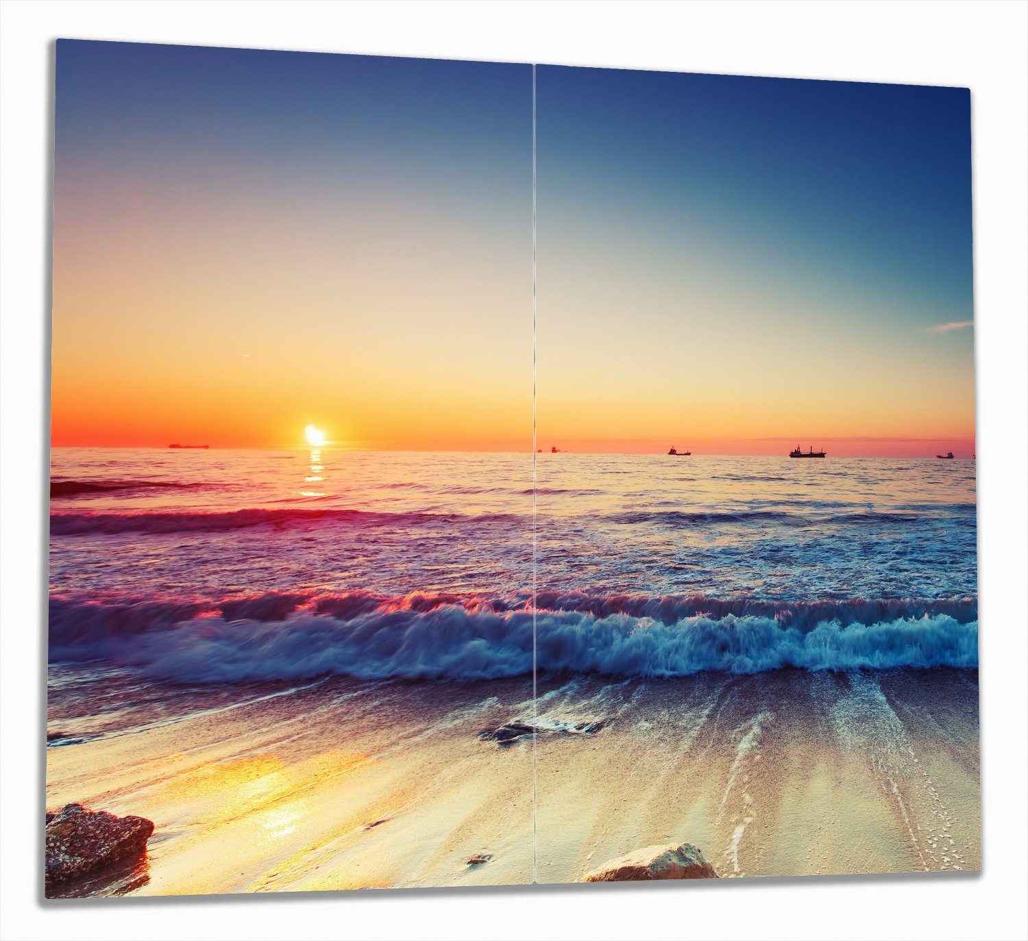 Wallario Herd-Abdeckplatte Sonnenuntergang am Meer mit Wellen am Strand, ESG-Sicherheitsglas, (Glasplatte, 2 tlg., inkl. 5mm Noppen), verschiedene Größen