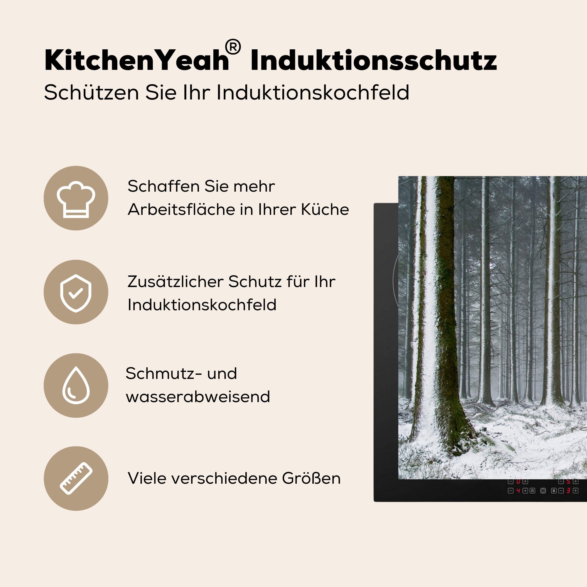 Schnee, tlg), für - cm, Vinyl, küche Arbeitsplatte (1 Winter Ceranfeldabdeckung, Herdblende-/Abdeckplatte Bäume MuchoWow - 83x51