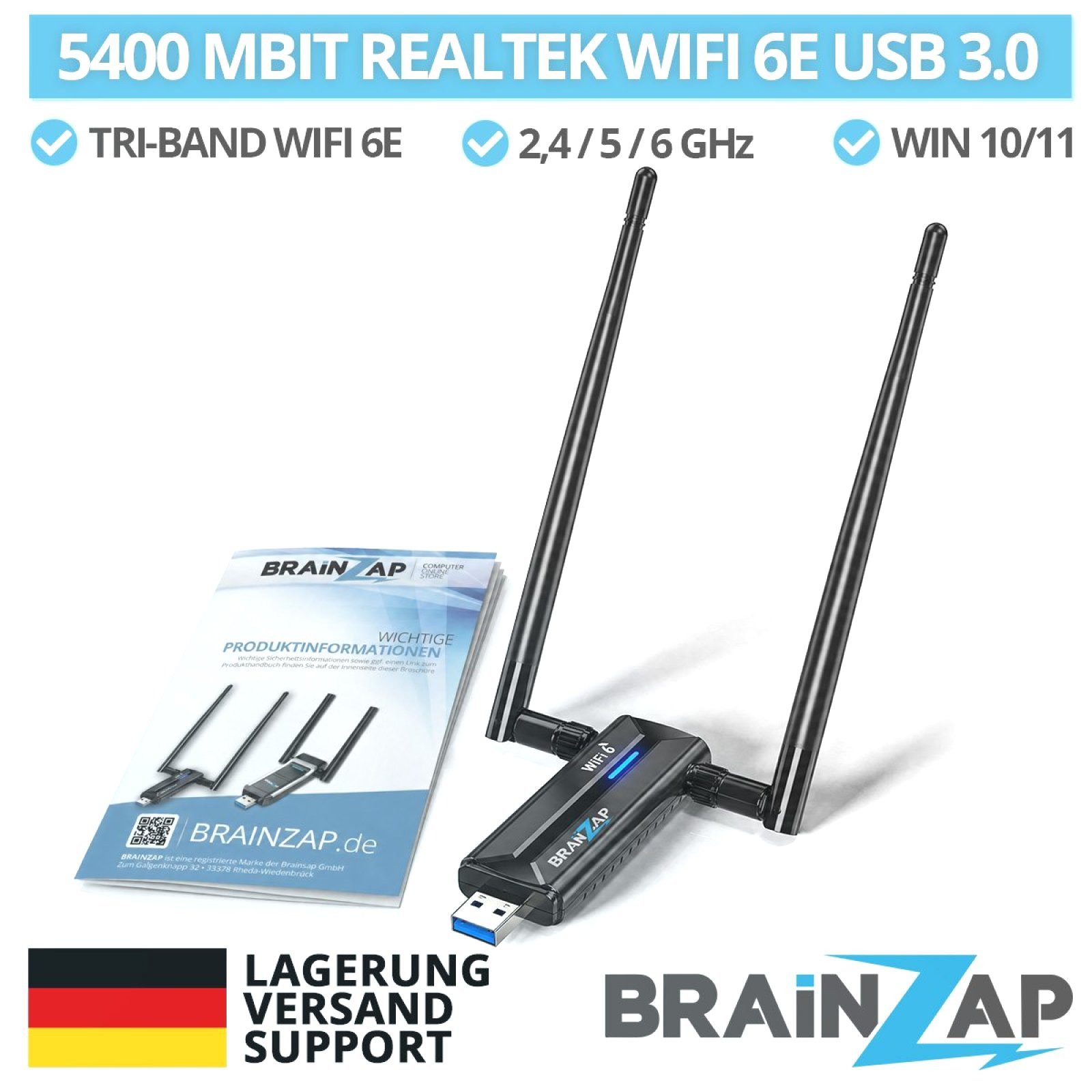 BRAINZAP WLAN-Adapter WiFi 6 (802.11ax) AX5400 USB 3.0 WLAN-Stick, WiFi 6 (802.11ax)