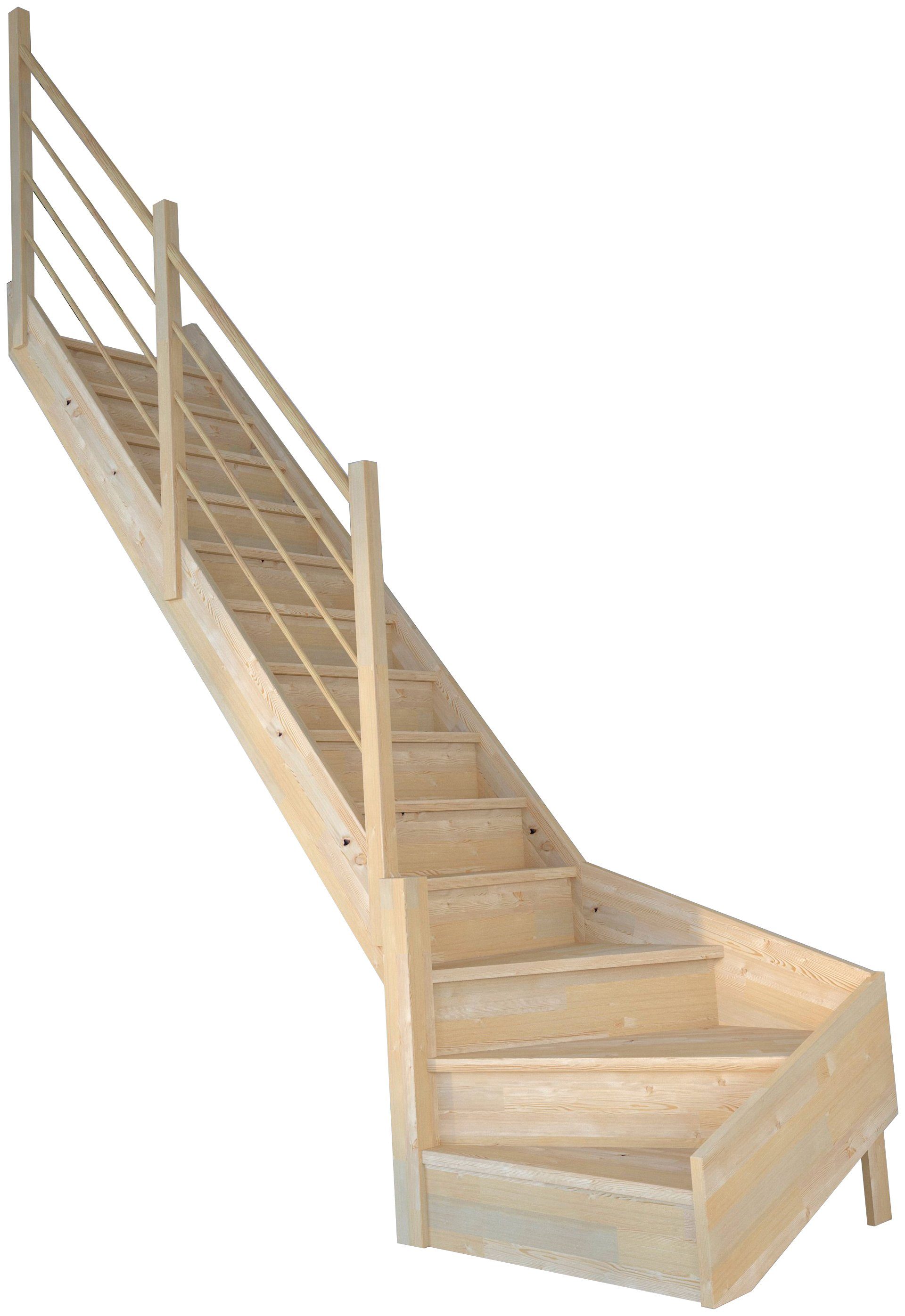 Starwood Raumspartreppe Geländer, Wangenteile geschlossen, bis Links, Massivholz Holz-Holz 300 gewendelt Korfu, cm, Design Durchgehende für Geschosshöhen Stufen