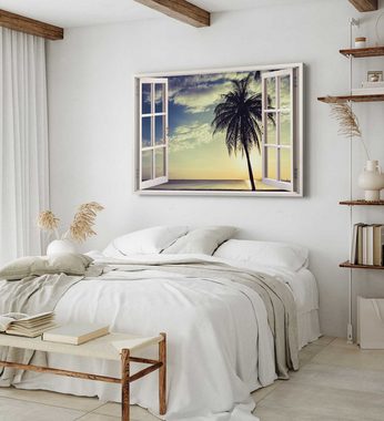 Sinus Art Leinwandbild Wandbild 120x80cm Fensterbild Palme Strand Traumstrand Sommer Horizont, (1 St)