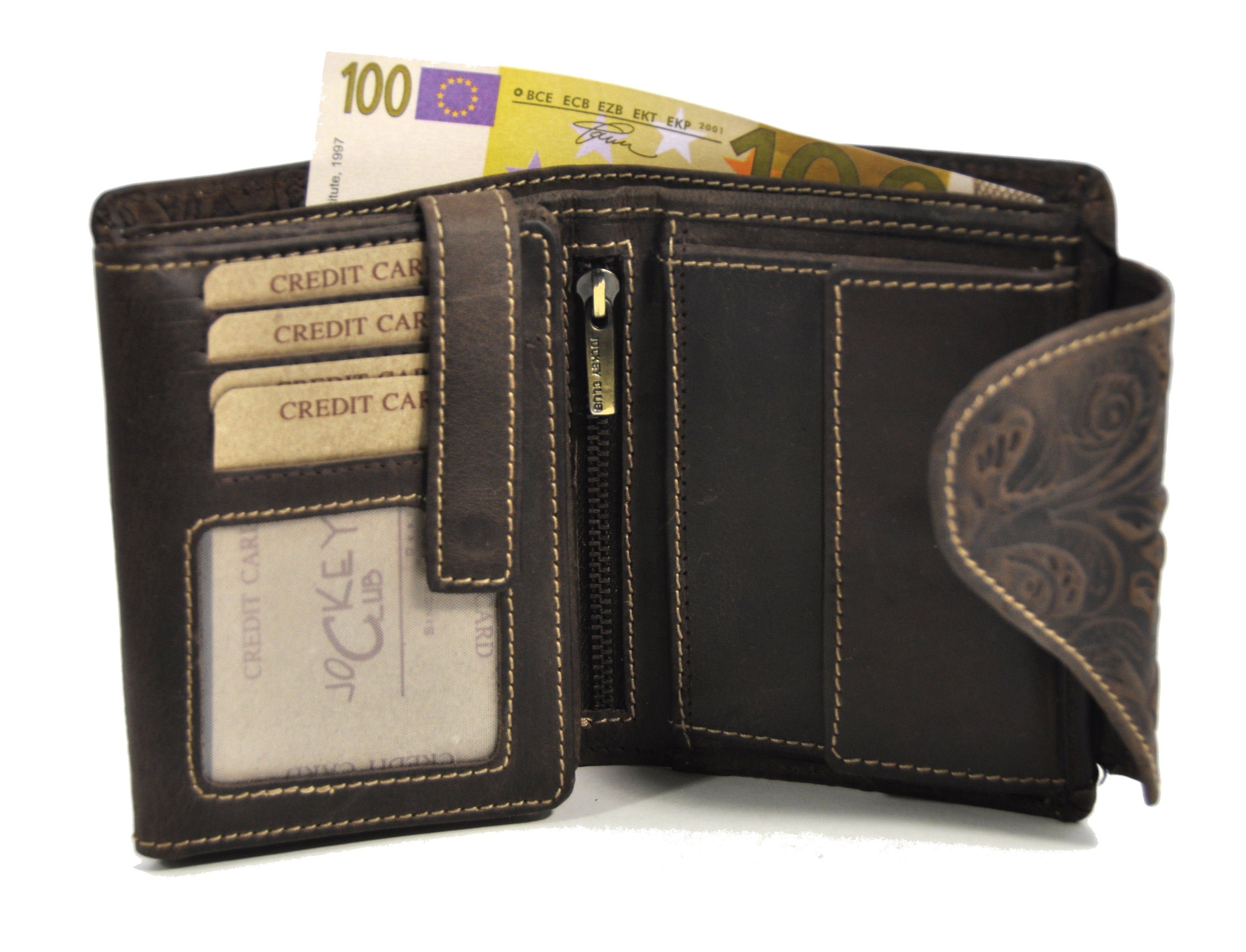 JOCKEY CLUB Geldbörse echt Leder Damen Geldbörse mit RFID Schutz "Liane", tolle, florale Prägung, Innenriegel, viel Platz