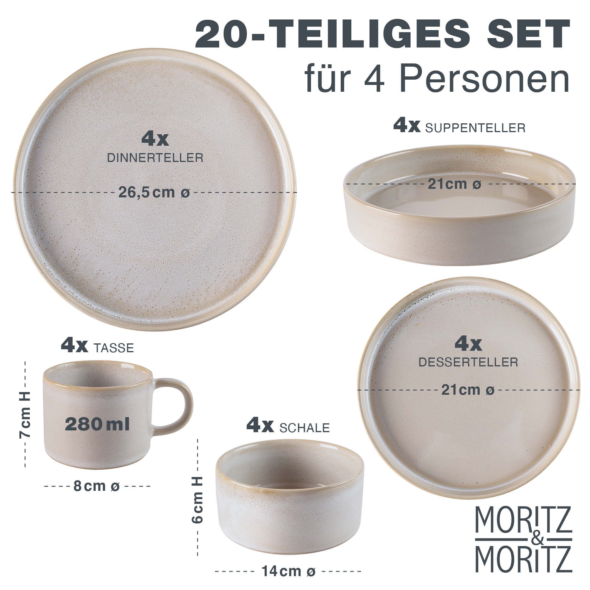 Moritz & Moritz Kombiservice CASTELLO Geschirrset 20 tlg. Komplett-Set für 4 Personen (20-tlg), 4 Personen, Steinzeug, Robustes Kombigeschirr für 4 Personen