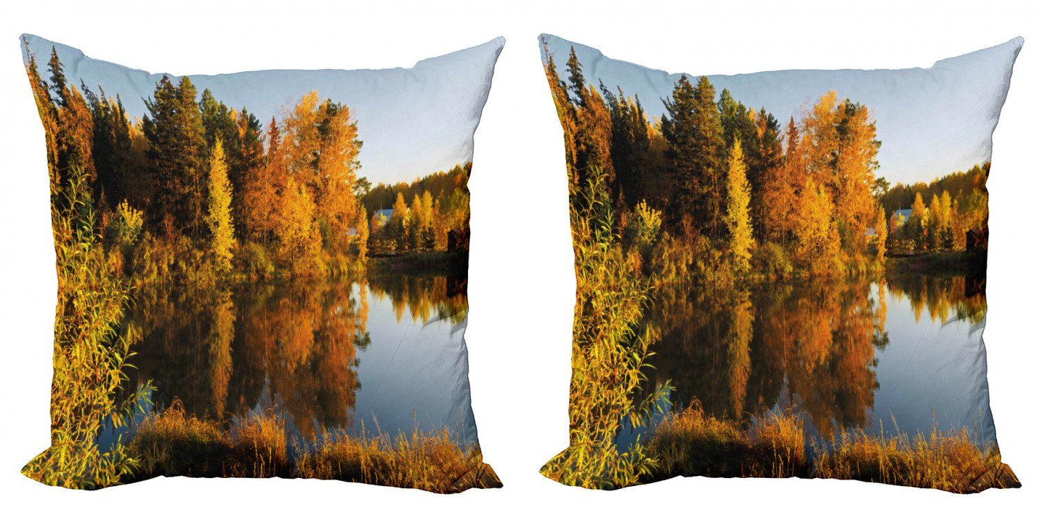 Kissenbezüge Modern Accent Doppelseitiger Digitaldruck, Abakuhaus (2 Stück), Fallen See Wald bei Sonnenuntergang