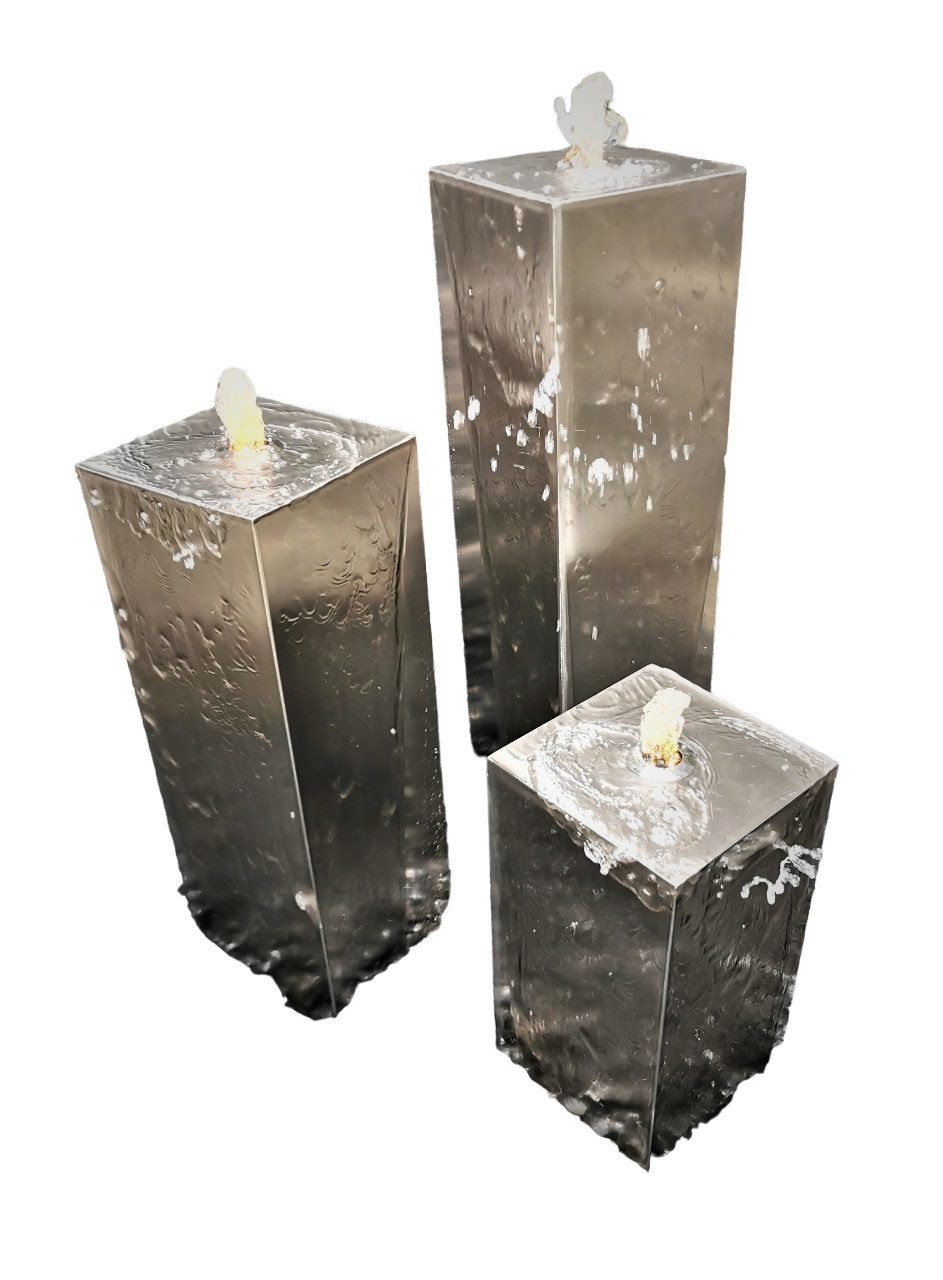 Jürgen Bocker - Gartenambiente Gartenbrunnen Säulenbrunnen eckig 20/20 cm 3er-Set Edelstahl matt geb. incl. LED