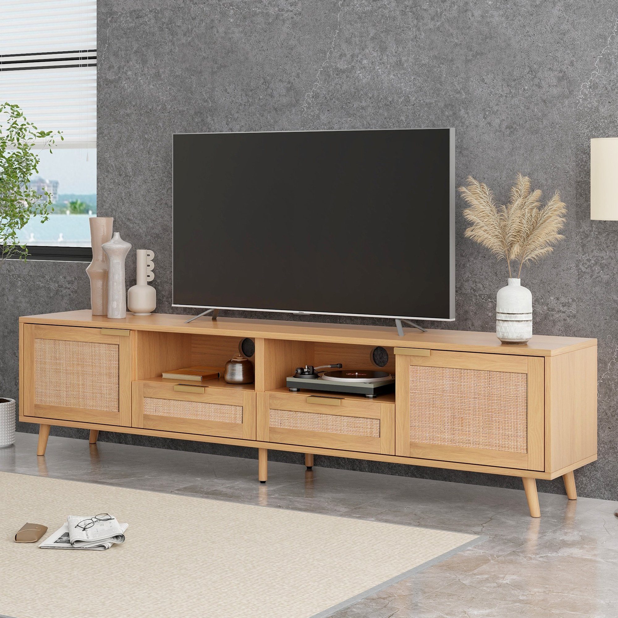 Holzfüßen, TV TV-Ständer, mit lowboard Geflochtener Natur Rattan-TV-Boards massiven TV-Schrank (TV-Konsolentisch,200*37*49cm) REDOM Holz-TV-Schrank,