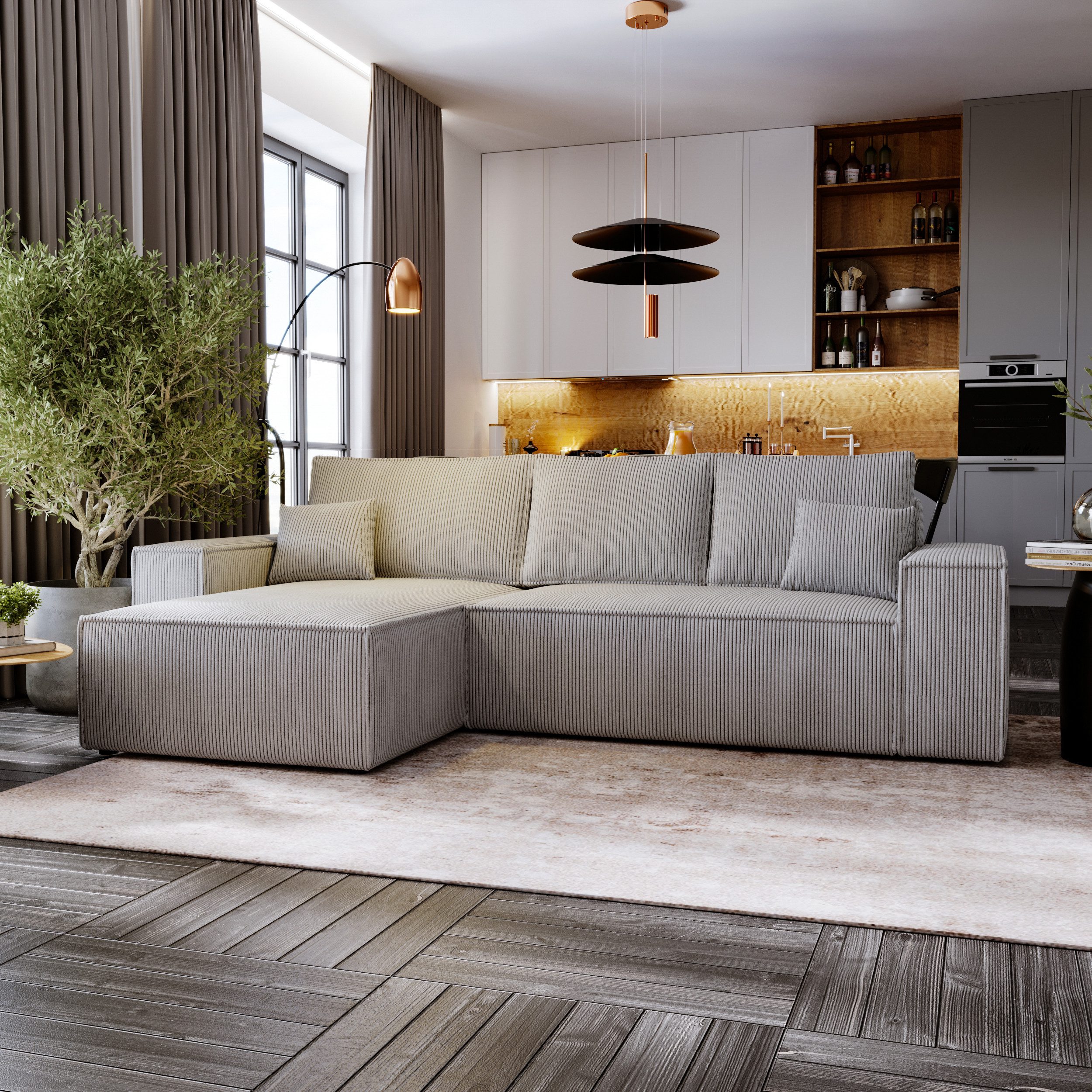yourhouse24 Ecksofa Olimpia L, 279 cm, Cord, L-Form mit Schlaffunktion & Bettkasten, Modernes Ecksofa im angesagten Cord-Look