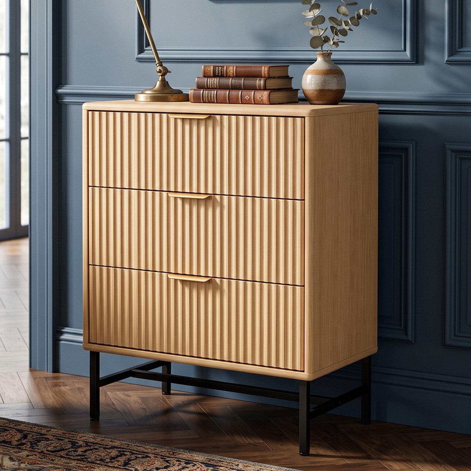 Jiexi Kommode Kommode mit 3 Schubladen 60x40cm Rillendesign Metallgestell