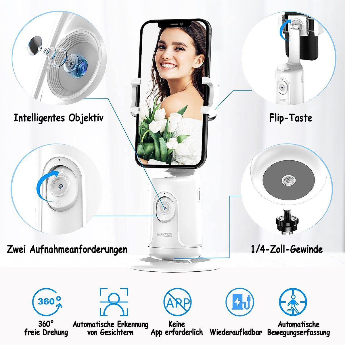 feinlux AI Erkennung, 360° Drehung, Gimbal Smartphone Gimbal (1/4 standard screw thread, universally compatible)