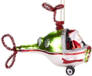 BRUBAKER Christbaumschmuck Handbemalte Weihnachtskugel Weihnachtsmann im Heli, fliegender Weihnachtsanhänger Hubschrauber Helikopter aus Glas, mundgeblasenes Unikat, lustige Baumkugel - 11 cm