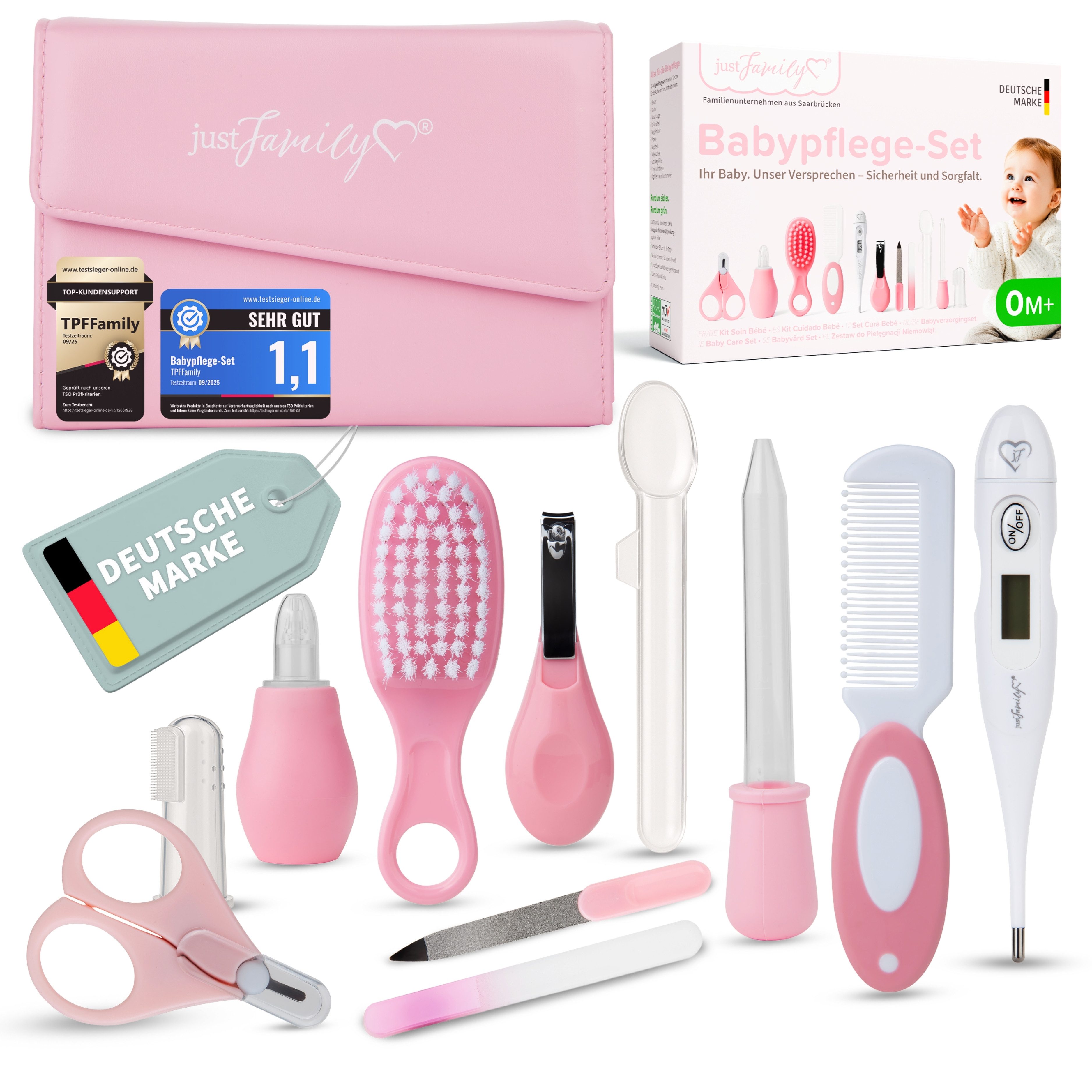 justFamily Babypflege-Set Neugeborene inkl. Pflegeartikel und MDR/EU-konformem Fieberthermometer, 11 tlg., 11-tlg. Erstausstattung fürs Baby - Schönes Geschenkset zur Geburt