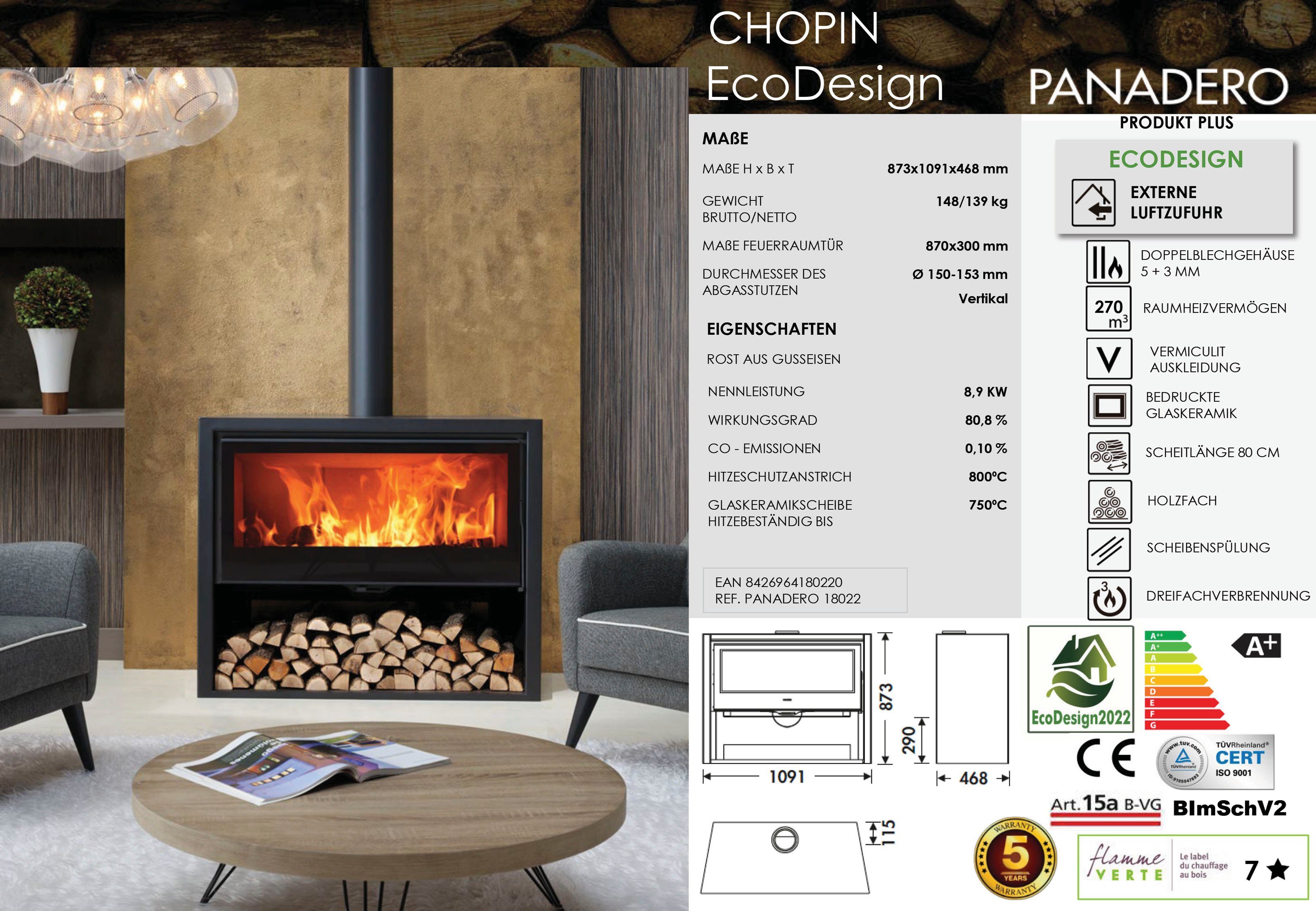 Chopin 8,9 Ecodesign, Kaminofen kW, (1-tlg) Zeitbrand, Kaminofen Panadero
