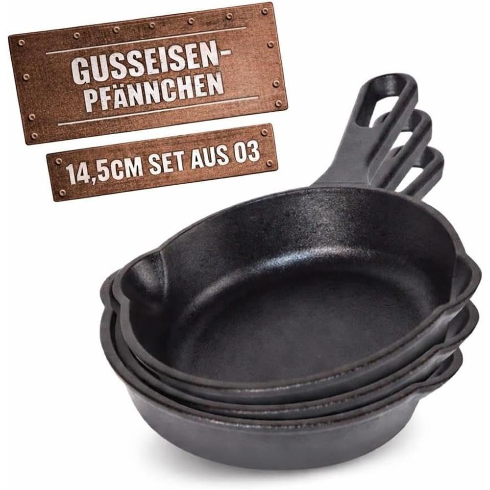 BBQ Boss Pfannen-Set Gusseisen Pfännchen 3er Set Gusseisenpfanne Grill Pfannen Ø14,5cm, (3-tlg), Geeignet für Induktion, Gas-, Elektrofelder sowie Grill und Backofen