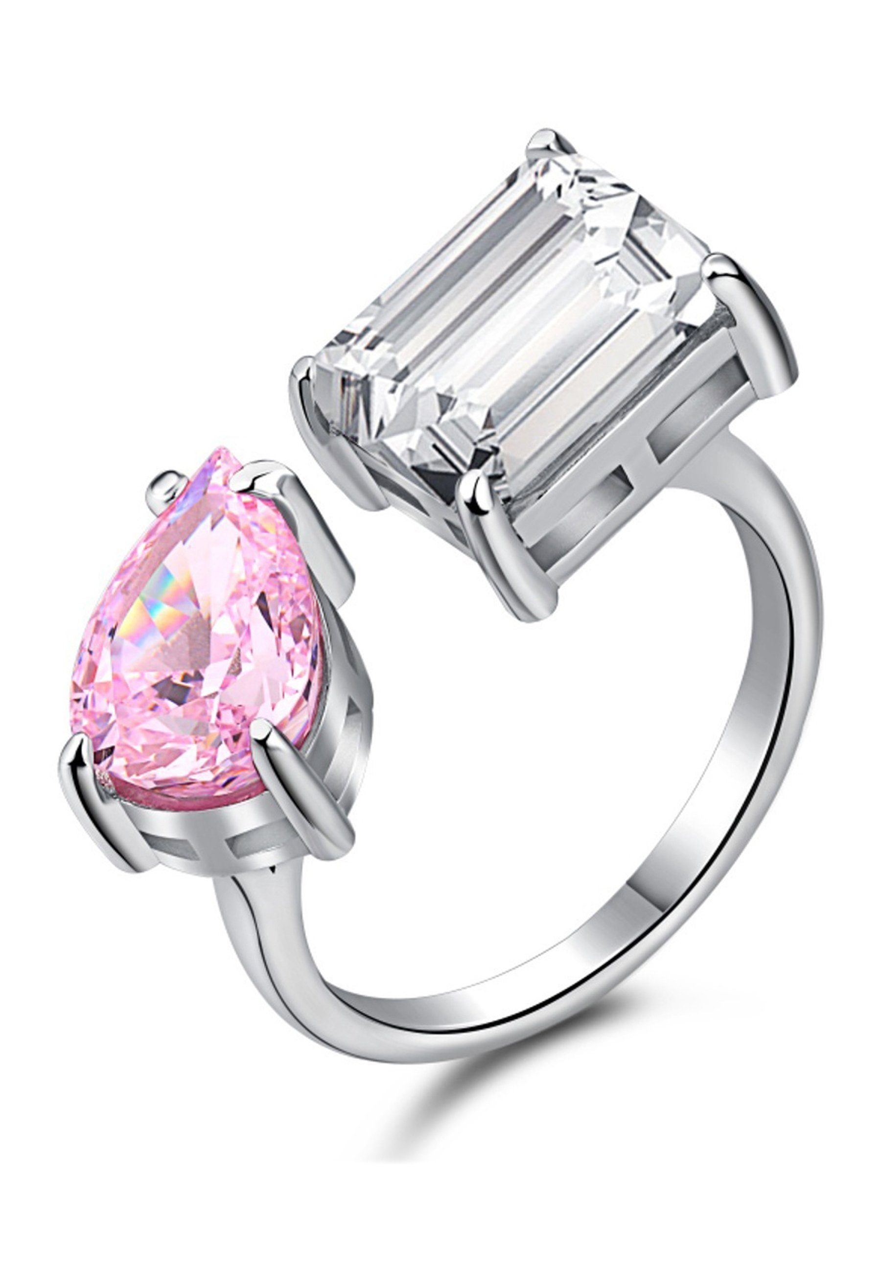 BRELLATO Silberring Cocktailring Cubic Zirconia 925 Echt Sterling Silber für Frauen (Anlaufgeschützt 18K Rhodium Vergoldet, Vintage Verlobungsring Antragsring Damenring, 1-tlg., Crushed Ice Kristall-Ring, mit 2 Großen Funkelnden Zirkonia, Kristallen), Statement-Ring, Steine: Diamant-Weiss, Verstellbare Размер 52 bis 56
