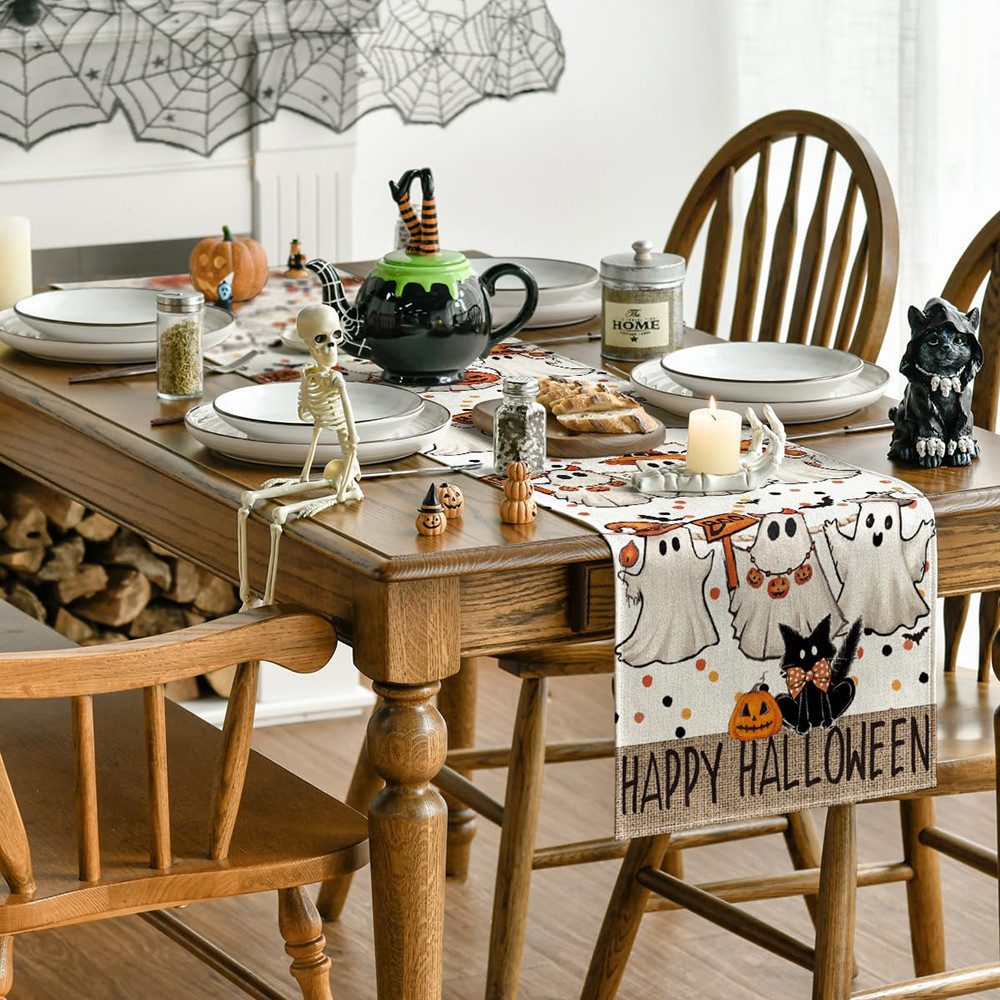 CLTYQ Tischläufer Halloween Tischläufer mit Geister-Kürbis Druck,33*183cm (Maschinenwaschbar & Wiederverwendbar), Perfekte Tischdekoration für Halloween und Her – Bild 4 von 5