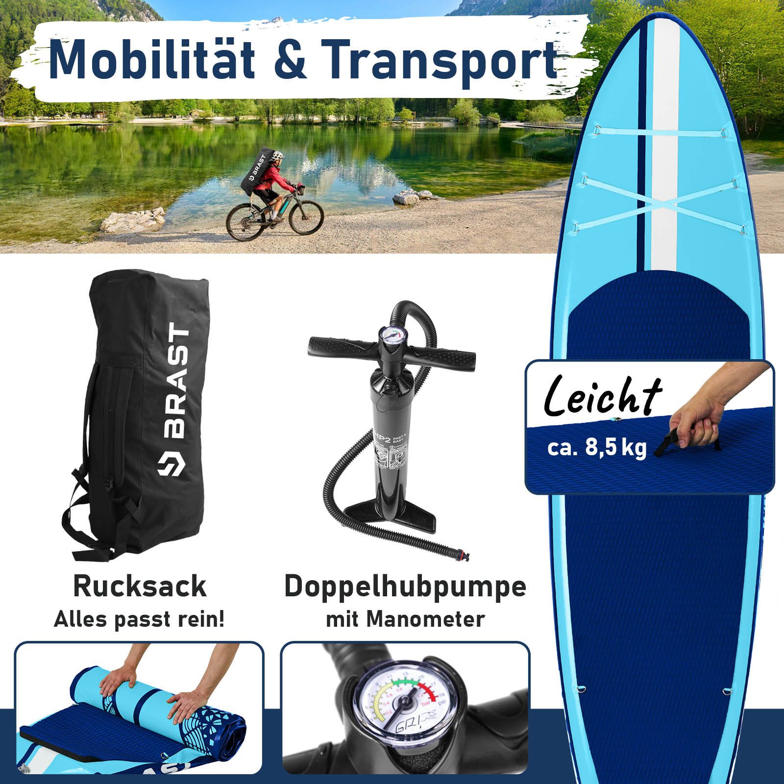 BRAST SUP-Board Shark, Aufblasbares Stand up Paddle Set, 320x81x15cm, 8 Designs, 5 Jahre Garantie, inkl. Sonderzubehör