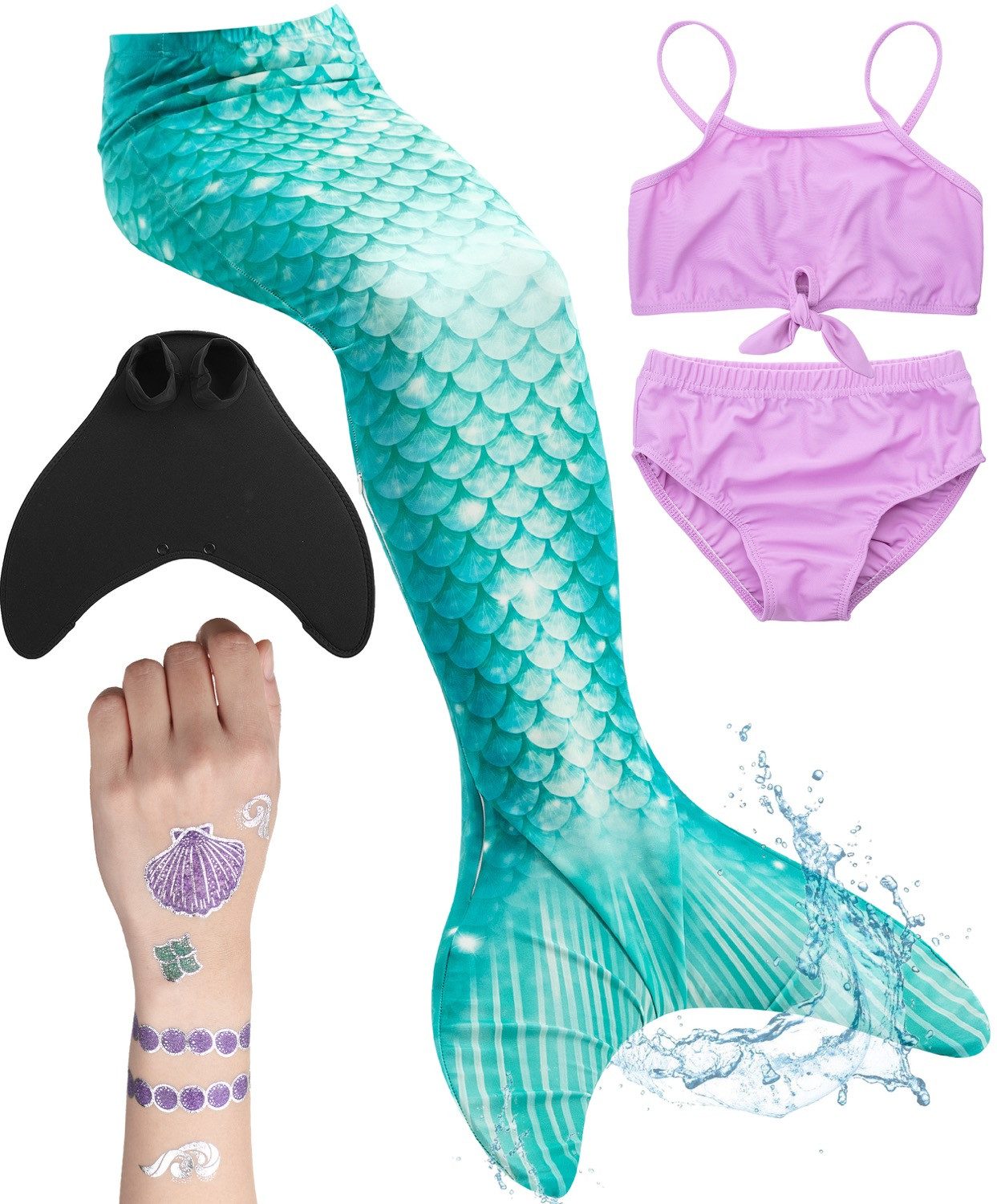 Corimori Monoflosse Meerjungfrauenflosse mit Bikini und Tattoos, Merjungfrauen Schwimmflosse mit Bikini Set