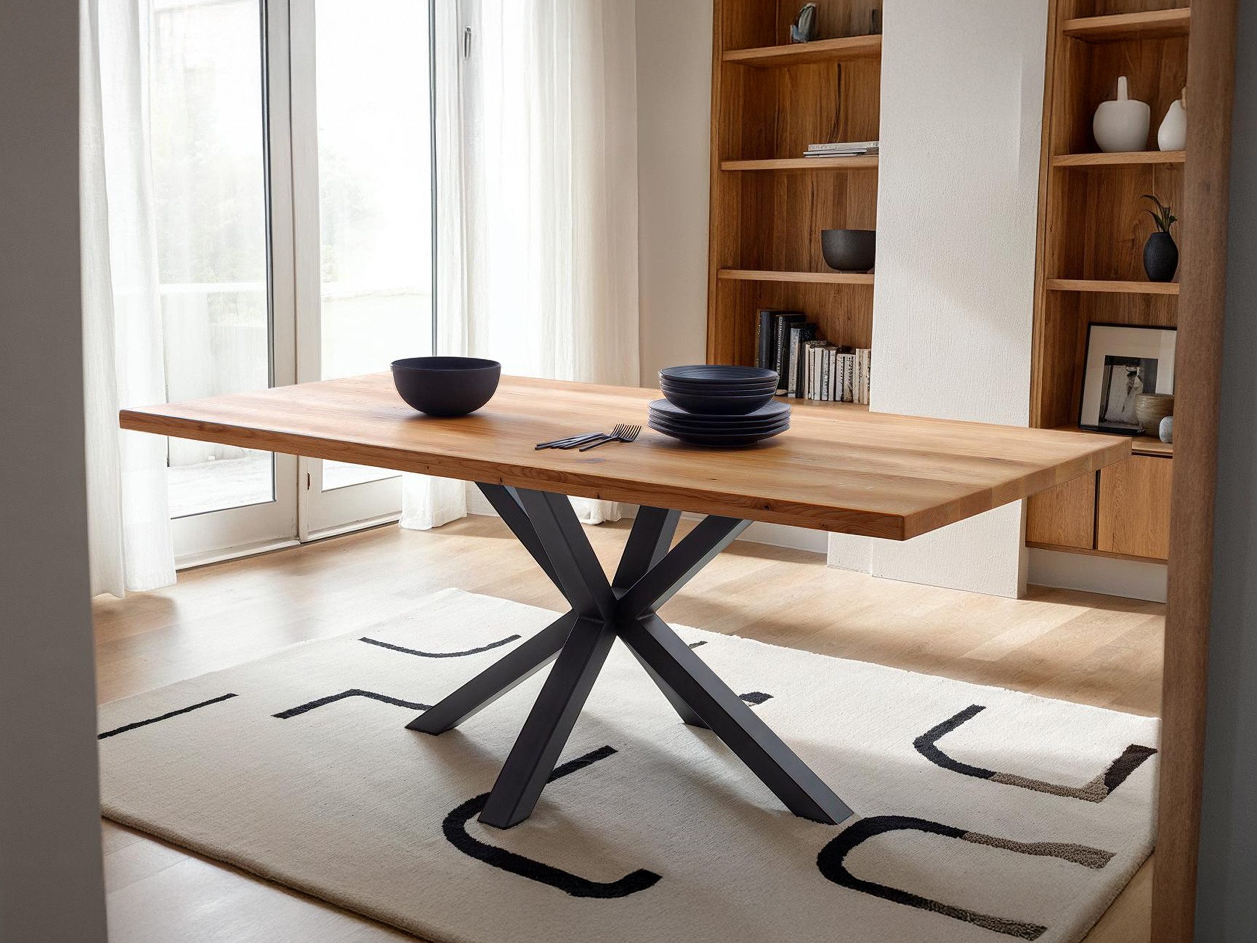 Massivart® Esstisch Wildeiche geölt / 40 mm Tischplattenstärke / DEBA, Massivholztisch / Spider X-Gestell schwarz Metall / Industrial Look