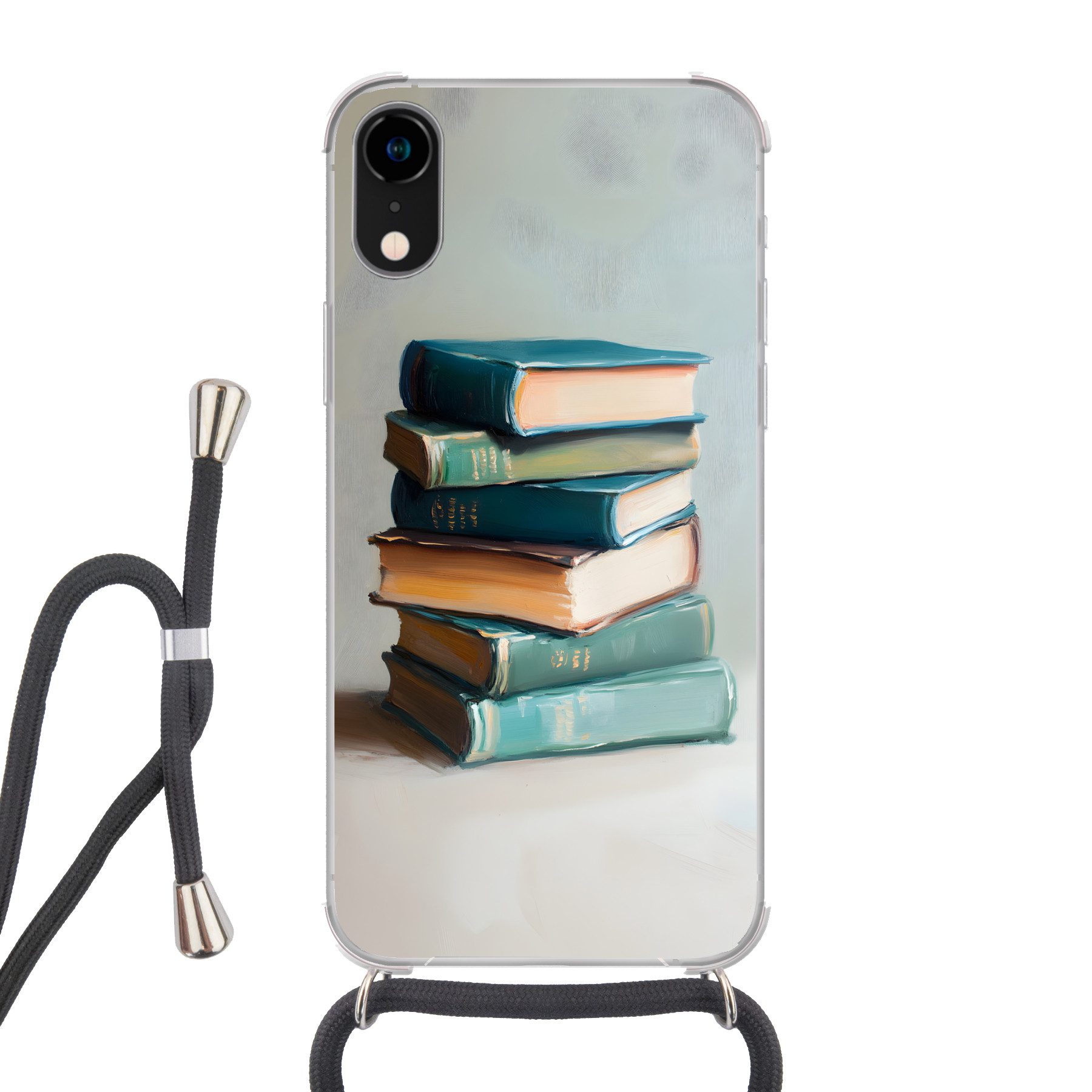 MuchoWow Handyhülle für Apple iPhone XR Stapel - Bücher - Grün - Tageslicht, Tragbare Handyhüllen mit Kette zum umhängen, Handykette Handyband