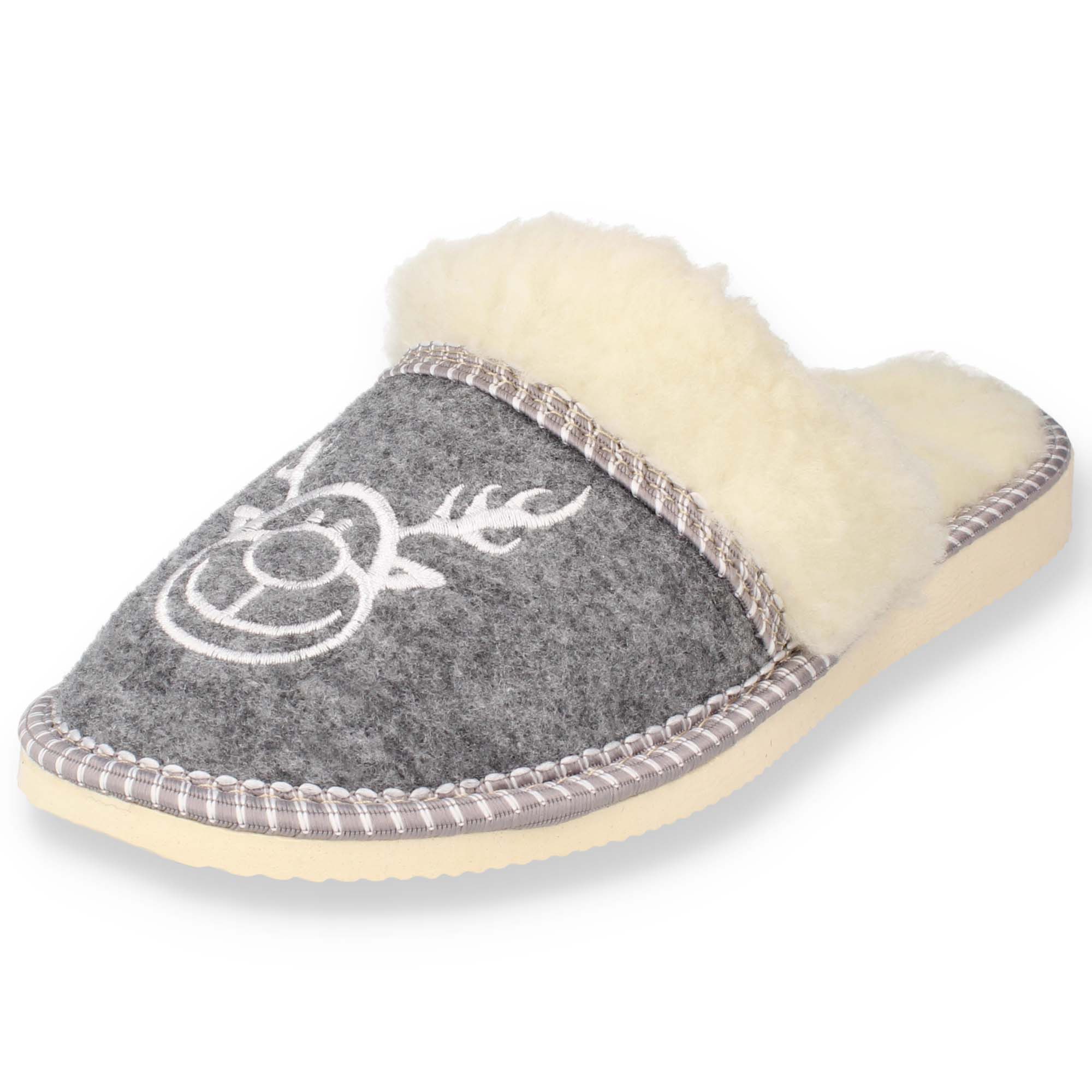 filsko Elche Damen Hausschuh (1 Paar, Winter-Design, Wärmeisolierend, Gefüttert) mit Elch-Stickerei, grau, Easy-Filz