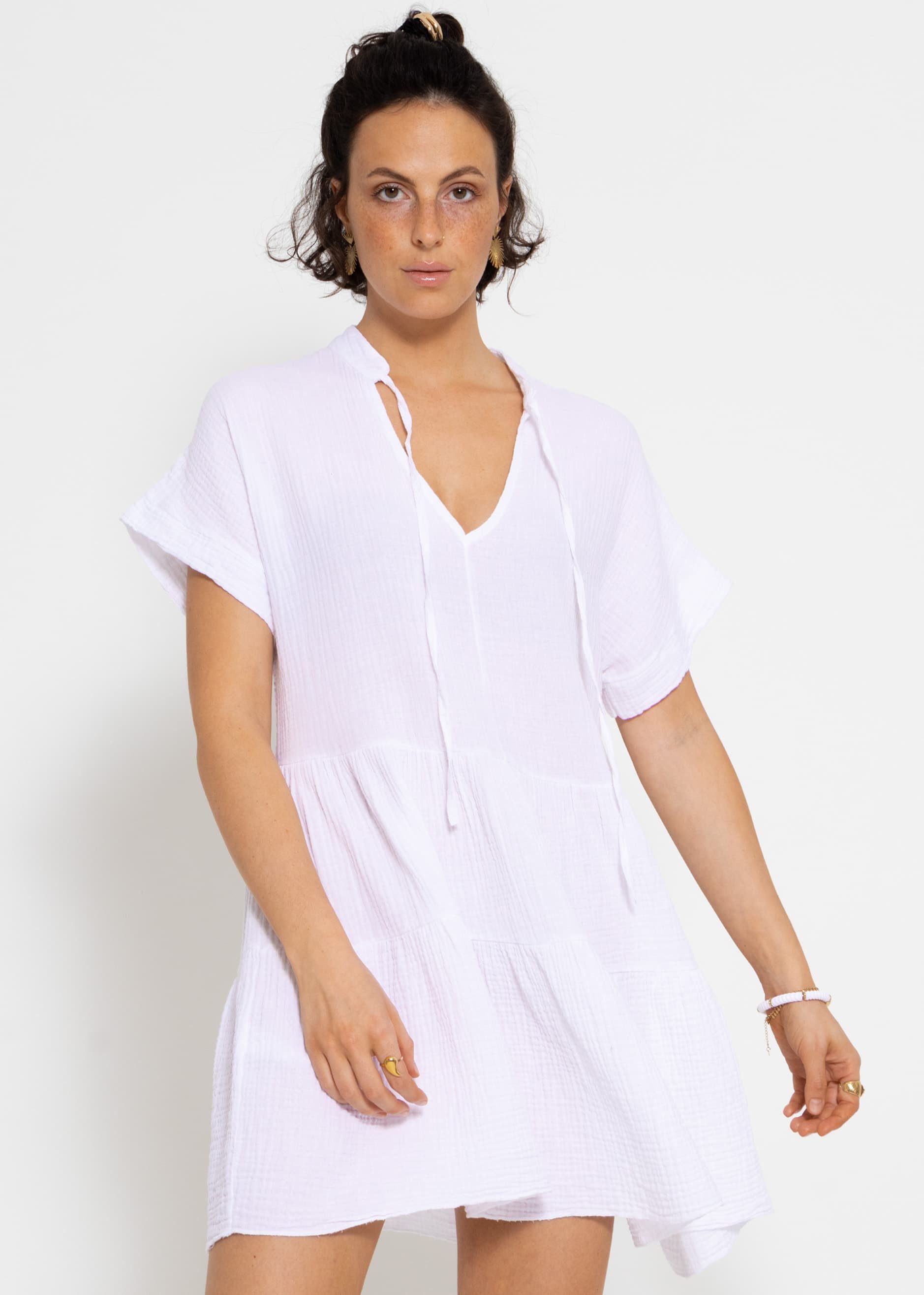 SASSYCLASSY Sommerkleid Musselin Kleid mit Volants 100% Baumwoll Kleid mit Volants, kurzen Ärmeln und Bindedetails