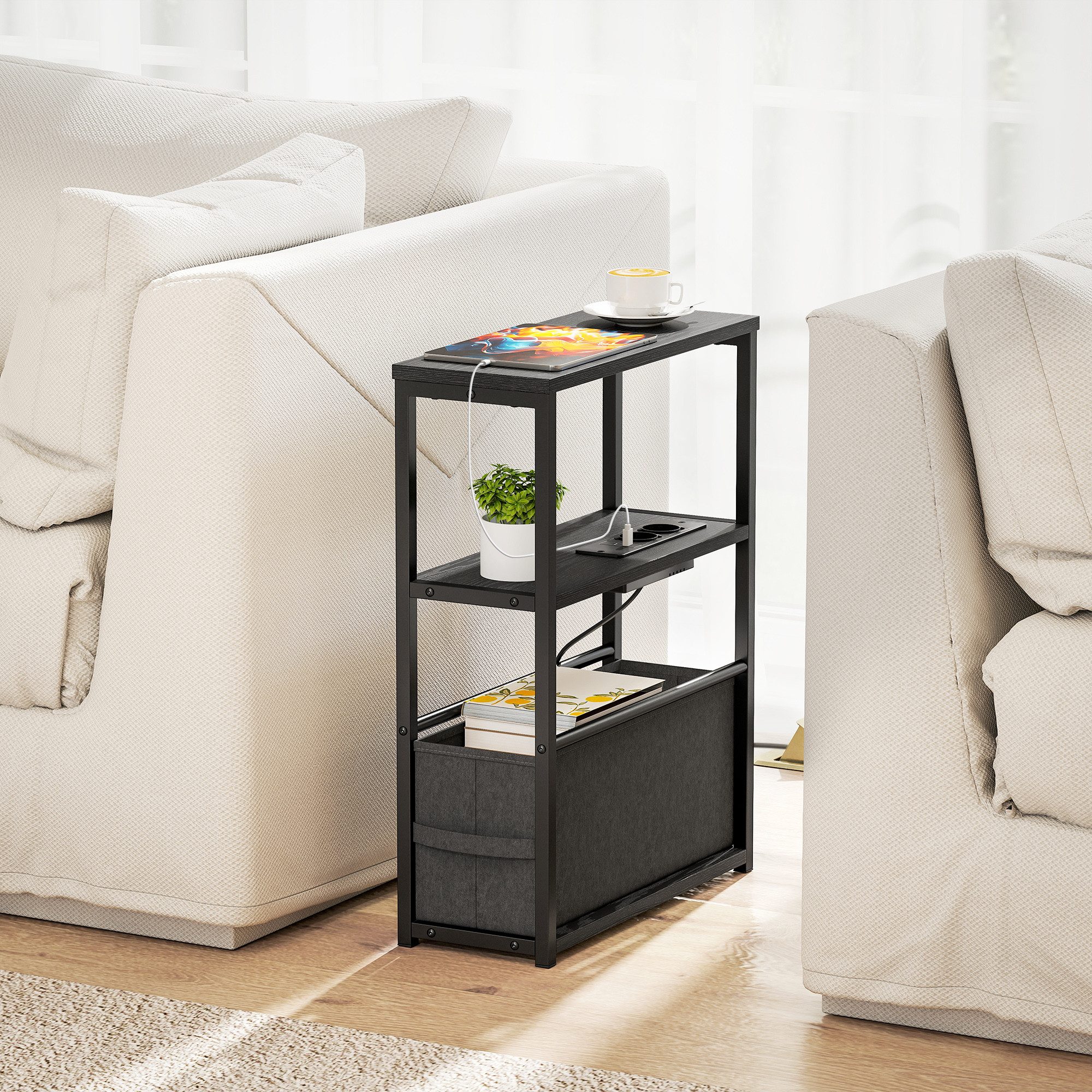 HOMCOM Beistelltisch Nachttisch mit 2 Ablage, Steckdosenleiste USB & Type-C (Kaffeetisch, 1-St., Sofatisch), für Kleine Räume, 45 x 18 x 60,2 cm, Schwarz