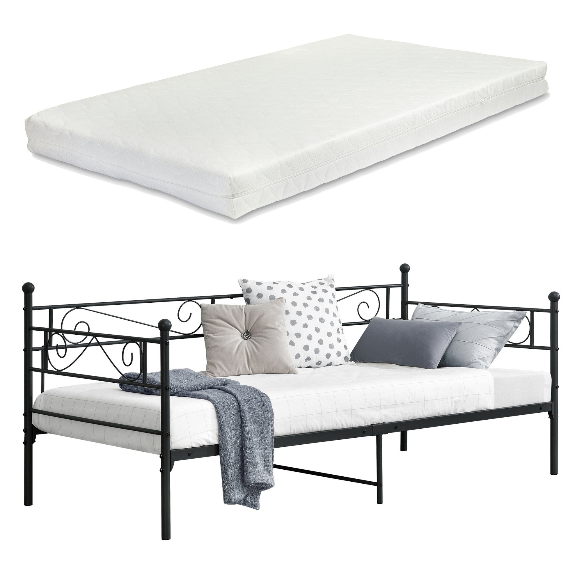 en.casa Metallbett, »Kerava« mit Matratze 90x200 cm Schwarz