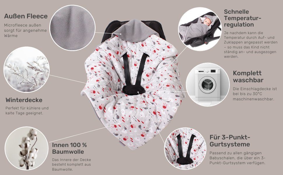 Einschlagdecke Fußsack für die HOBEA-Germany, geeignet 3 Babyschalenfußsack Babyschale Winter, hellbraun/Wolken Punkt für Babyschale