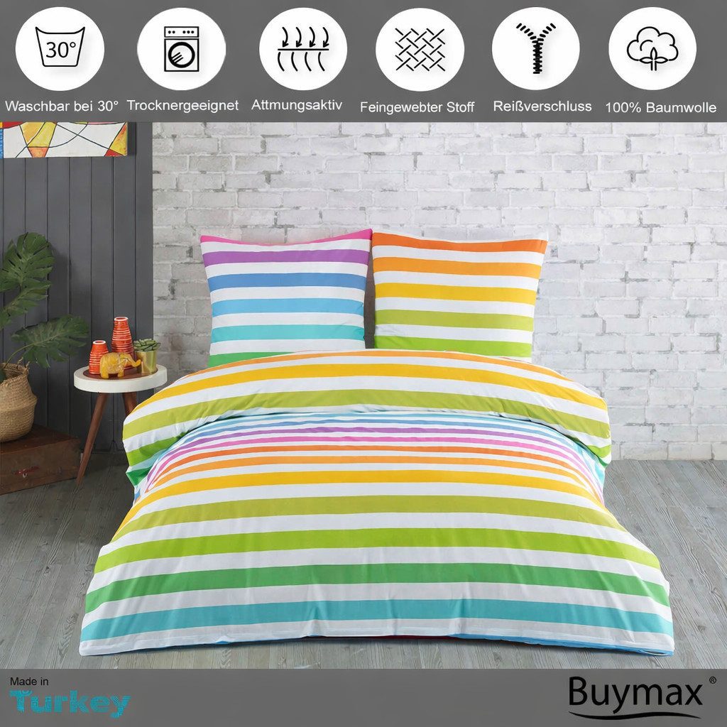 Buymax Bettwäsche Regenbogen, Rainbow 100% Baumwolle, Biber, 2 teilig, 135x200 cm Flanell 100% Baumwolle Winterbettwäsche mit Reißverschluss