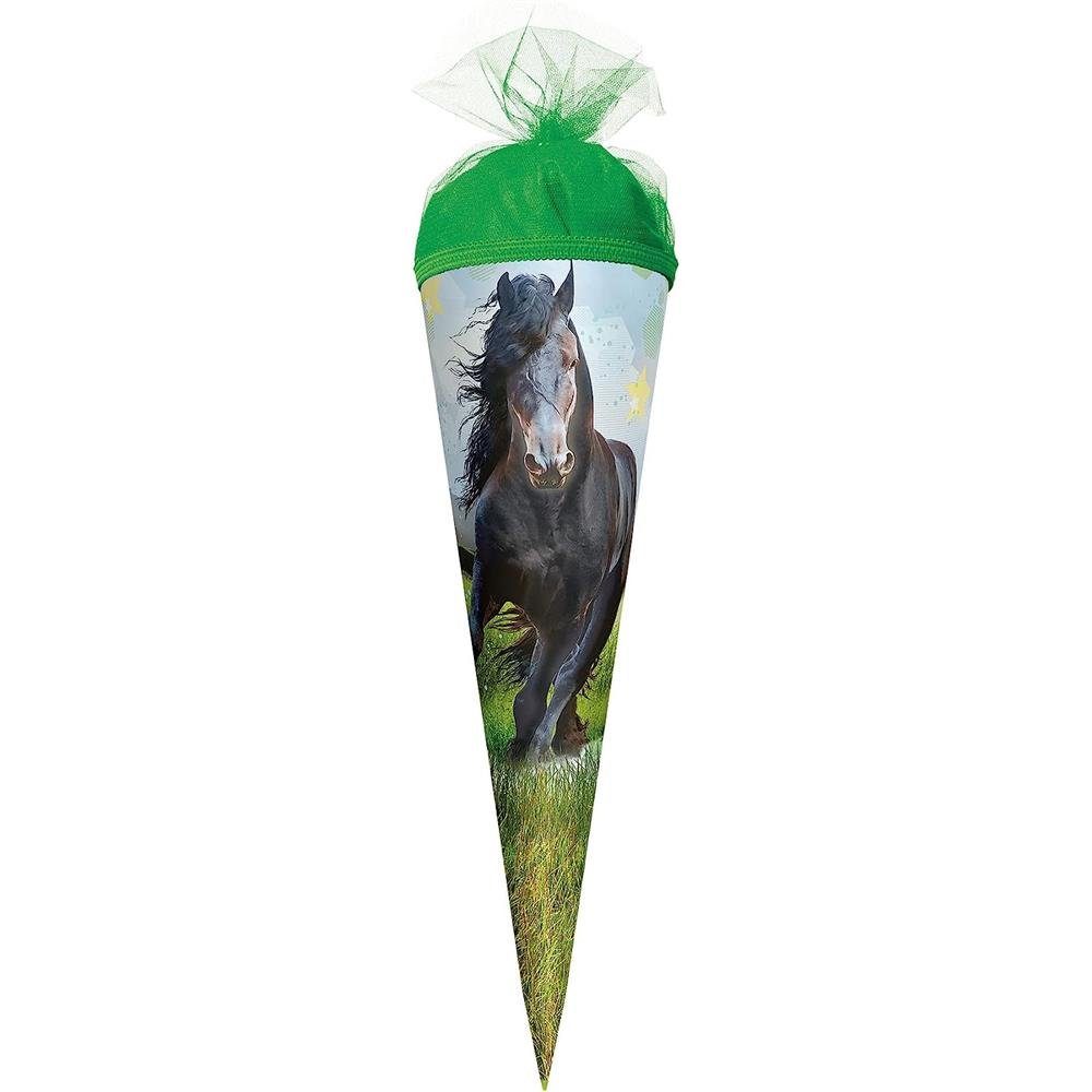 Horse grünem cm, 22 / mit Schultüte Schulanfang Pferd, Roth Power Zuckertüte rund, Tüllverschluss, für