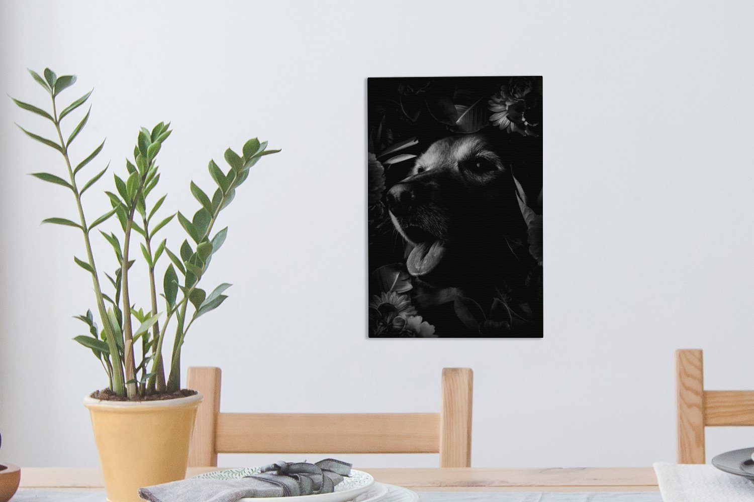 dunklem bespannt Leinwandbild Zackenaufhänger, inkl. Botanischer und cm vor Leinwandbild Gemälde, weiß, (1 schwarz - Hintergrund St), fertig Hund OneMillionCanvasses® 20x30