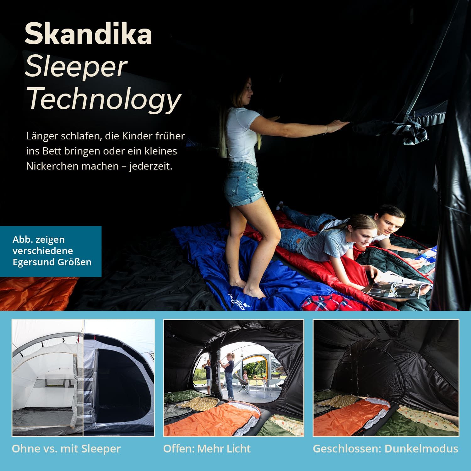 Skandika Tunnelzelt Egersund 3 Sleeper Protect, 2 m Stehhöhe, 2 Eingänge, Personen: 3 (dunkle Schlafkabine, wasserdicht, 5000 mm Wassersäule, Transporttasche),  – Bild 2 von 5