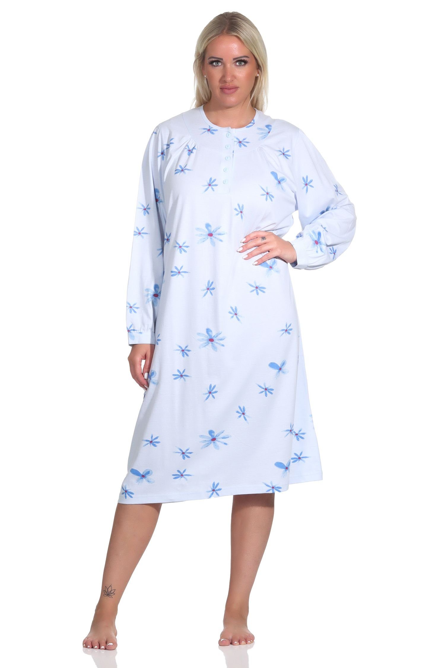 Normann Nachthemd Frauliches Damen Nachthemd langarm mit Knopfleiste am Hals hellblau