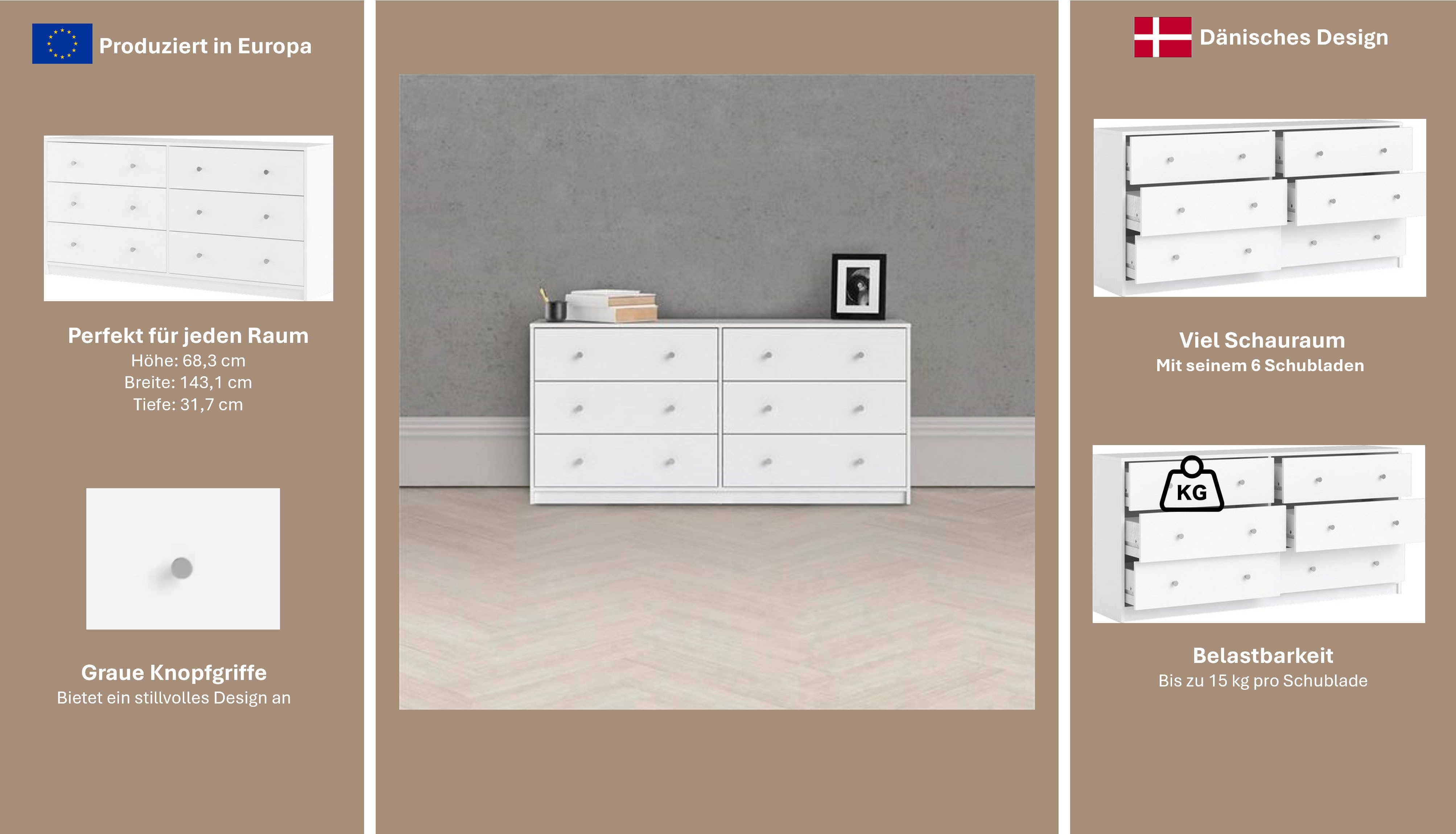 Home affaire Sideboard May, Aufbewahrung, Schubkastenkommode, Stauraum, Scandi-stil, Mit 6 Schubladen, Knopfgriffen, mehrere farben, T: 30 x B: 143 cm