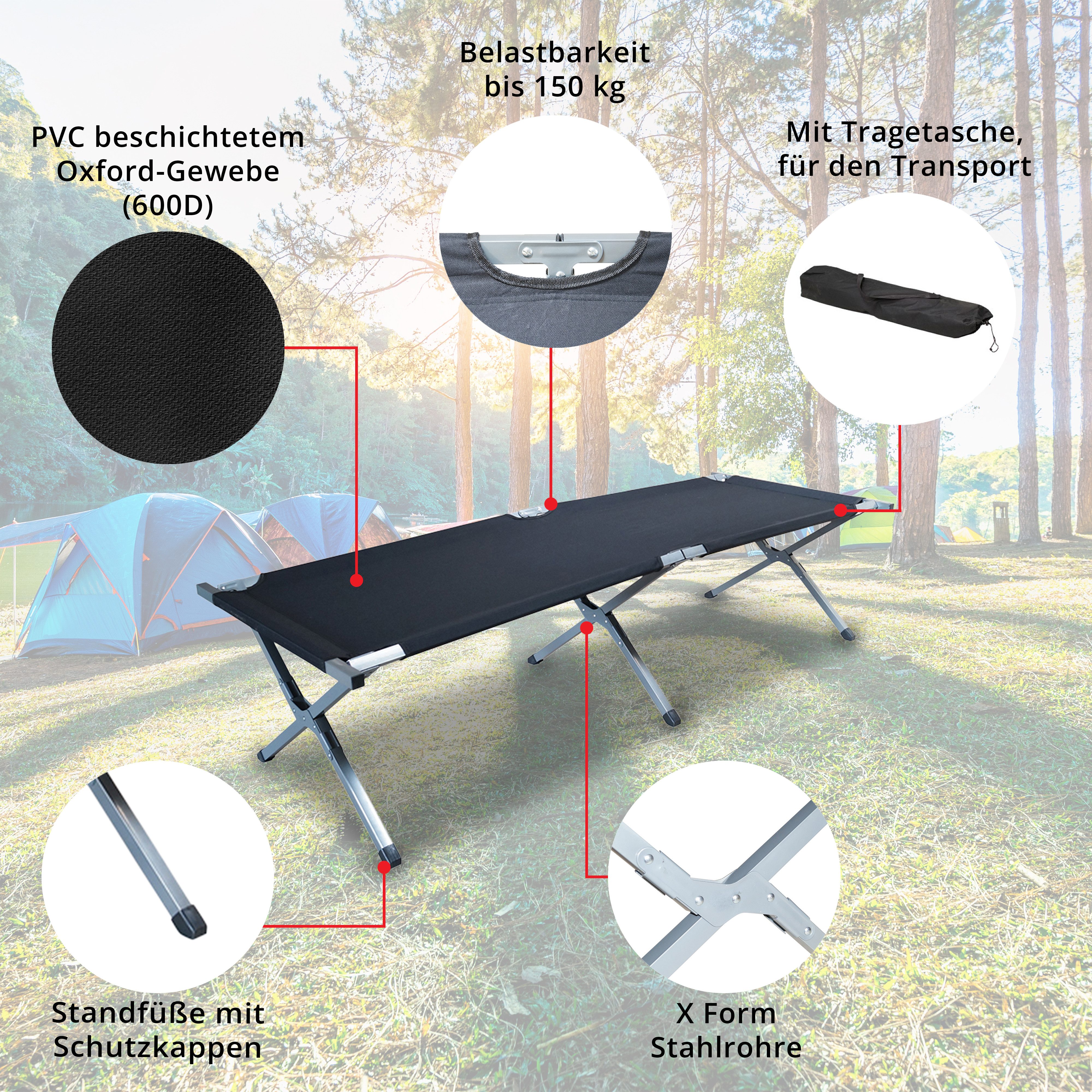 Grafner Feldbett Feldbett klappbar Campingbett klappbar Tragetasche 190cm schwarz inkl. Transporttasche