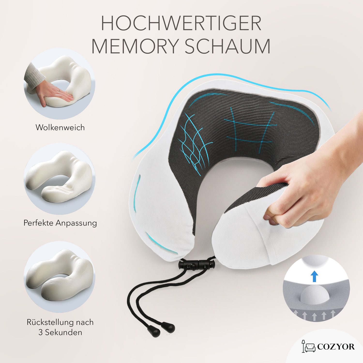 Cozyor Nackenstützkissen Memory Nackenkissen mit verstellbarem Verschluss + praktischer Tasche, Bezug: waschbarer Bezug, Rückenschläfer, Seitenschläfer, Bauchschläfer, Set, Nackenhörnchen zum Reisen, klein & kompakt, weiß Purity, auch im Reise-Set mit Reisedecke & Augenmaske erhältlich