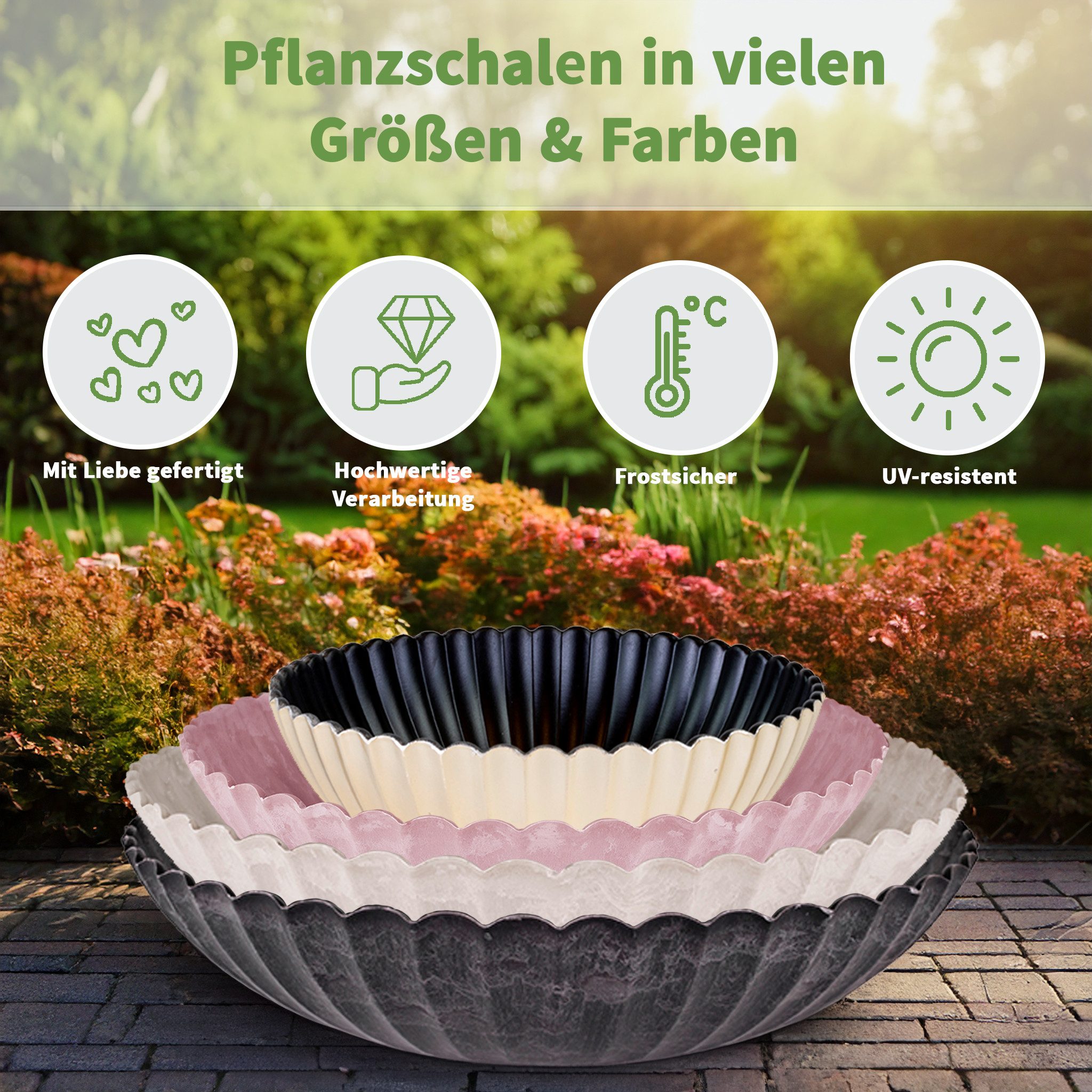 matches21 HOME & HOBBY Blumentopf Runde Pflanz-Schale gewellt für draussen champagner gold 16 cm (1 St), Wetterfeste Blumen-Schale als moderne Outdoor Gartendeko Grabschmuck