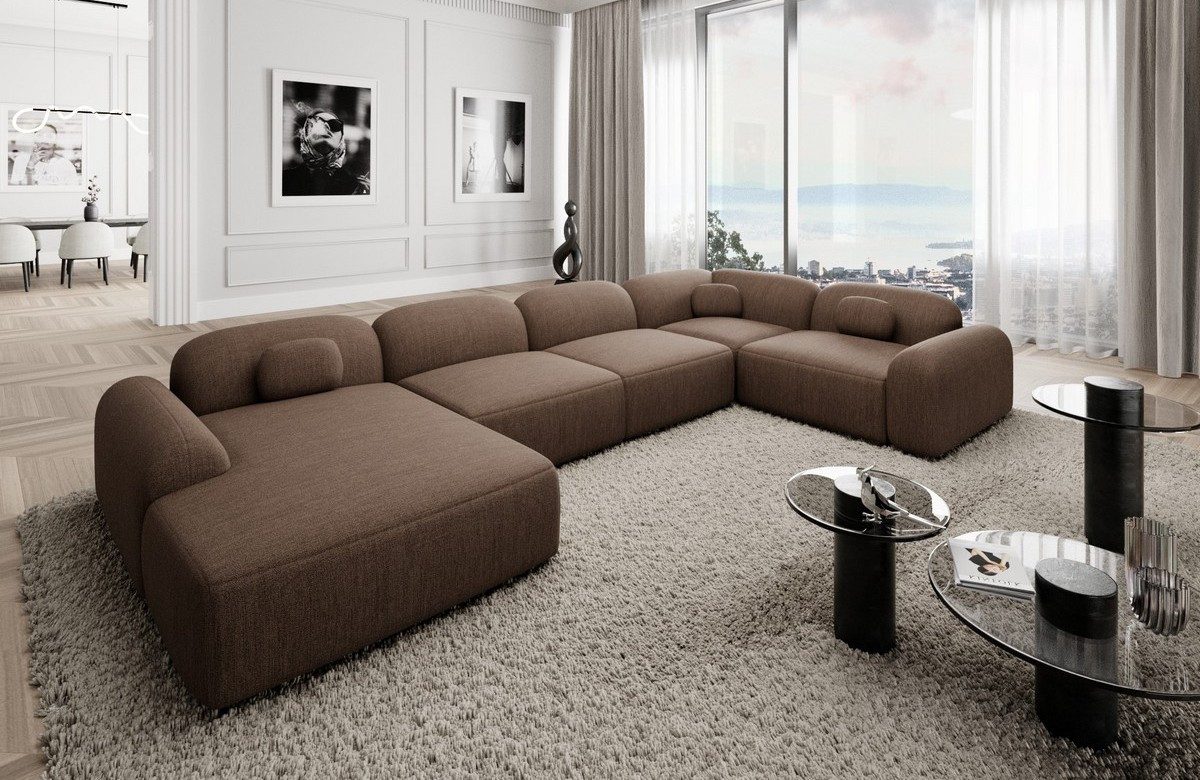 Sofa Dreams Wohnlandschaft Barcelona U Form Stoffsofa 6-Sitzer, Lounge Couch Strukturstoff Braun Ottomane links