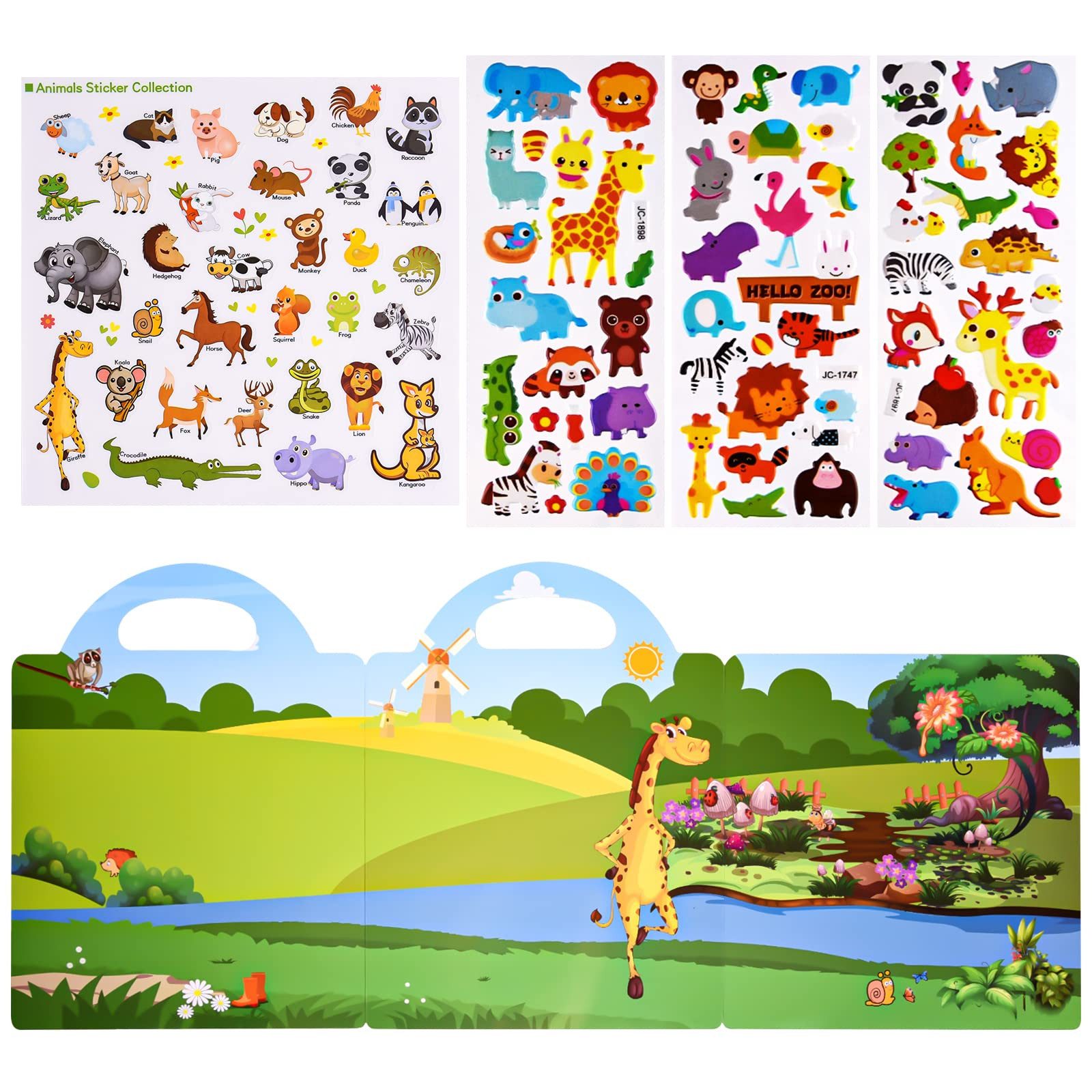 CLTYQ Stickerbuch 3D Sticker Szenen Buch für Kinder,32 Stück Tiere Jelly Sticker, Puffy Sticker Game Pädagogisches Sensorisches Lernspielzeug