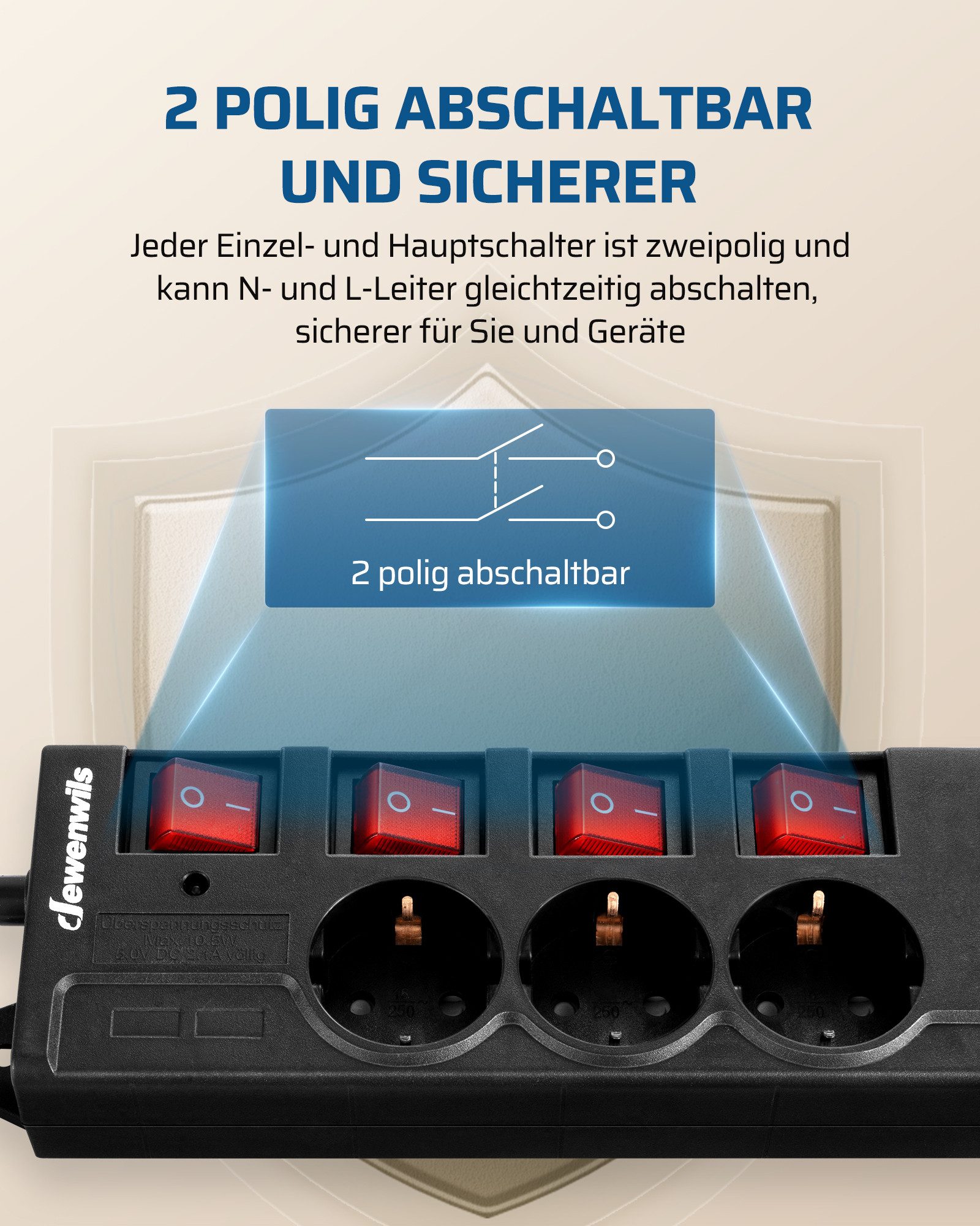 DEWENWILS Steckdosenleiste 6-fach (einzeln schaltbar, Überspannungsschutz 250J, Kindersicherung, Kabellänge 2 m), Mehrfachsteckdose