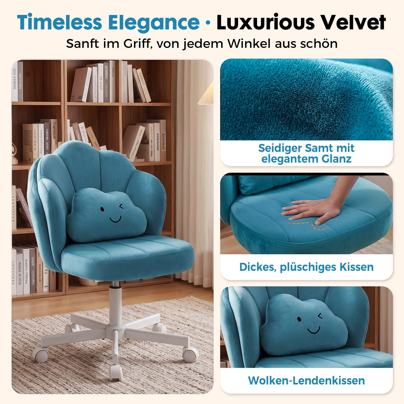 COMHOMA Bürostuhl Schminkstuhl Homeoffice Stuhl, Schreibtischstuhl Drehstuhl mit Rrollen, höhenverstellbar,für Schminktisch,Arbeitszimmer, Schlafzimmer,150kg