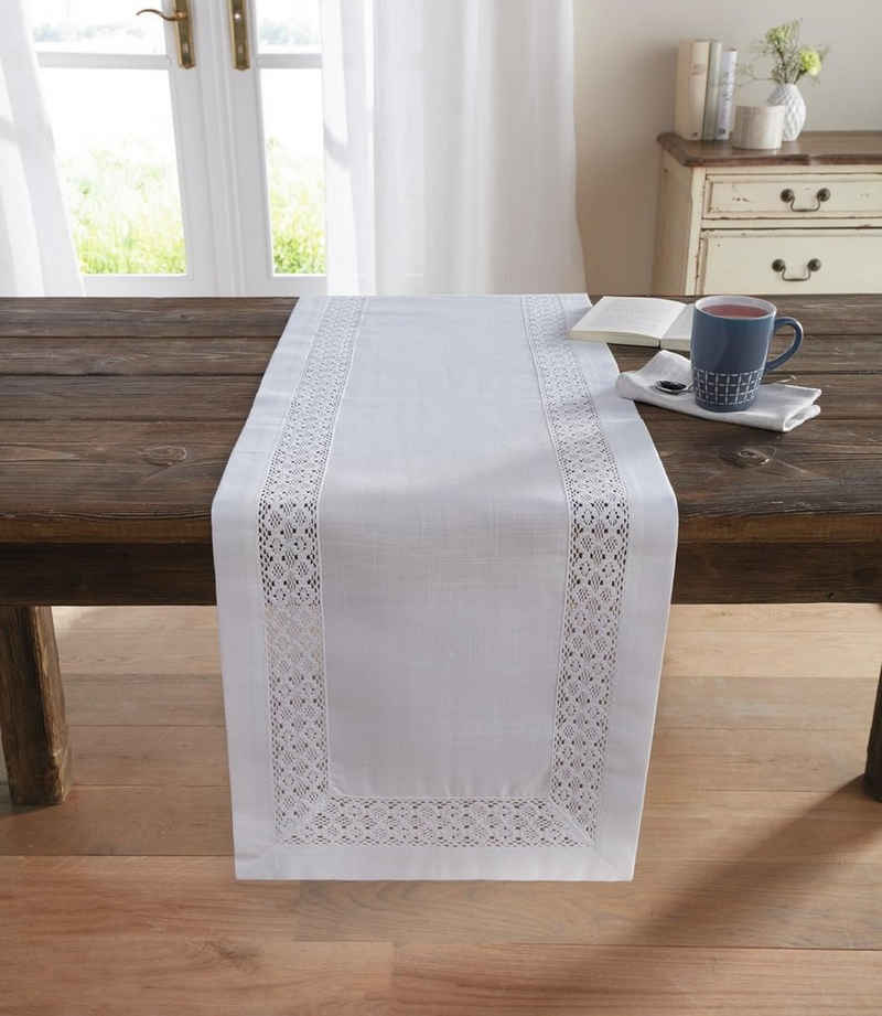 Frank Flechtwaren Tischläufer 337238 (1-tlg), romantisch bestickt Häkelkante weiß 40x140 cm